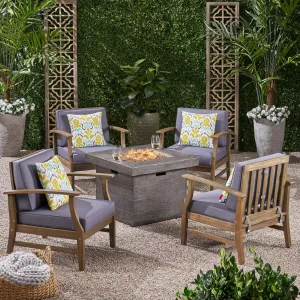 Outdoor 5 Piece Acacia Wood Club Chair and Fire Pit Set, Gray Finish and Gray - NH613803 patio chairs, outdoor seating