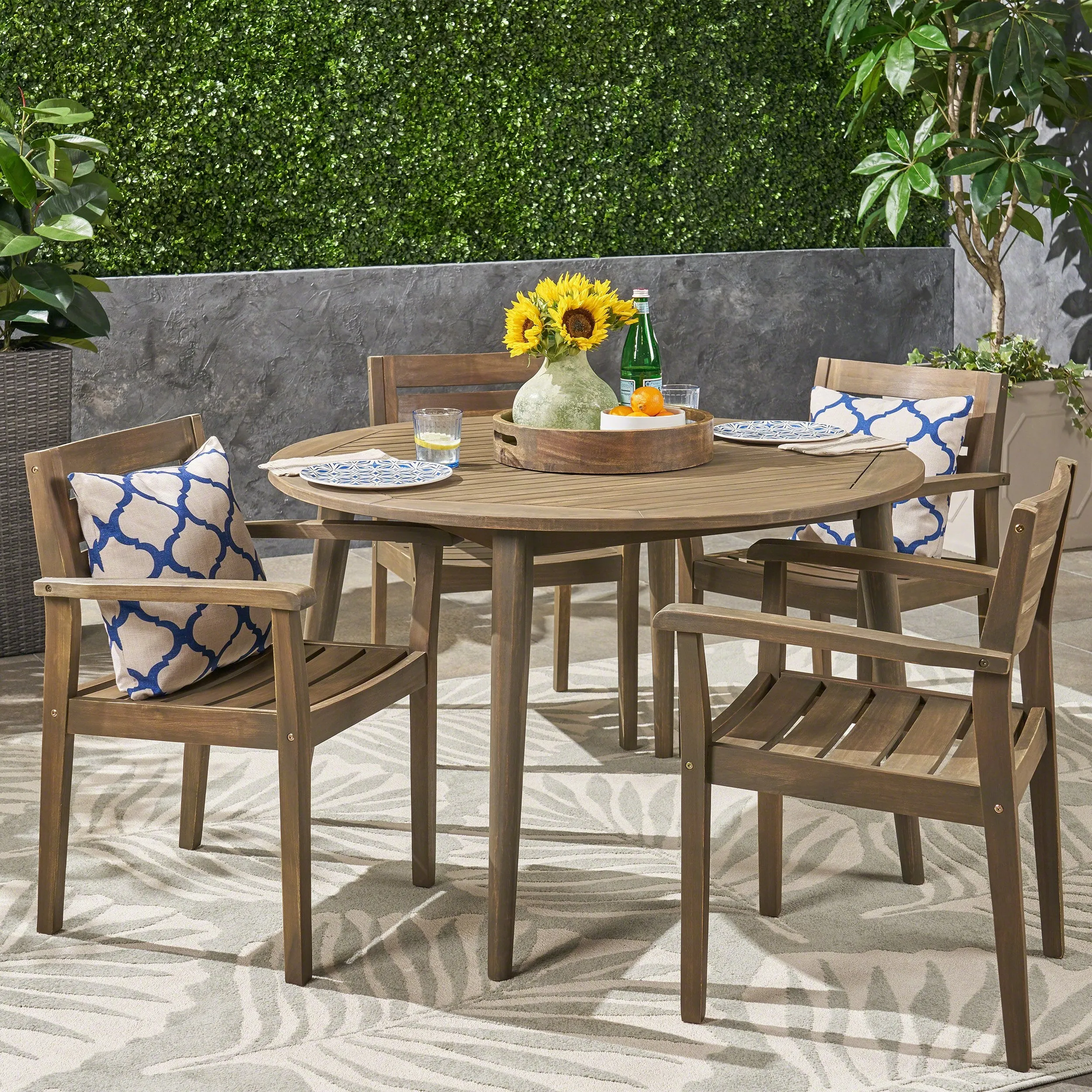 Outdoor 5 Piece Acacia Wood Dining Set with Straight Legged Dining Table, Gray Finish - NH975503 patio chairs, outdoor seating