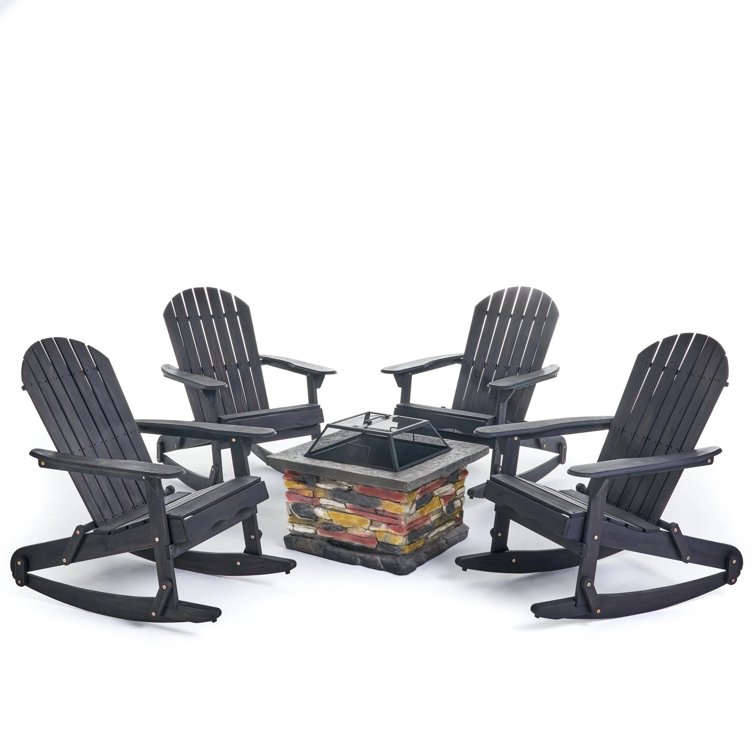 Outdoor 5 Piece Acacia Wood/ Light Weight Concrete Adirondack Chair Set with Fire Pit - NH313403