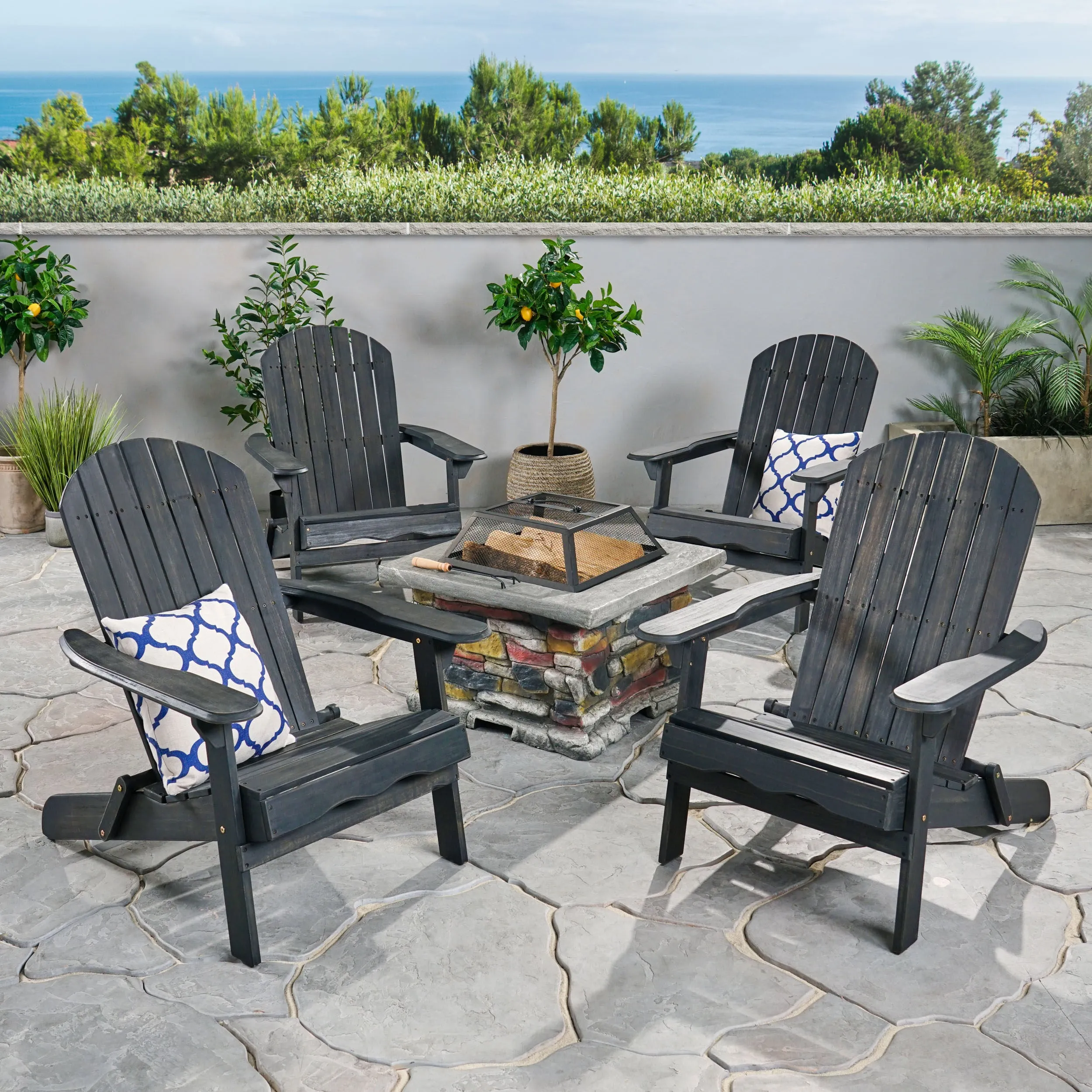 Outdoor 5 Piece Acacia Wood/ Light Weight Concrete Adirondack Chair Set with Fire Pit - NH313403