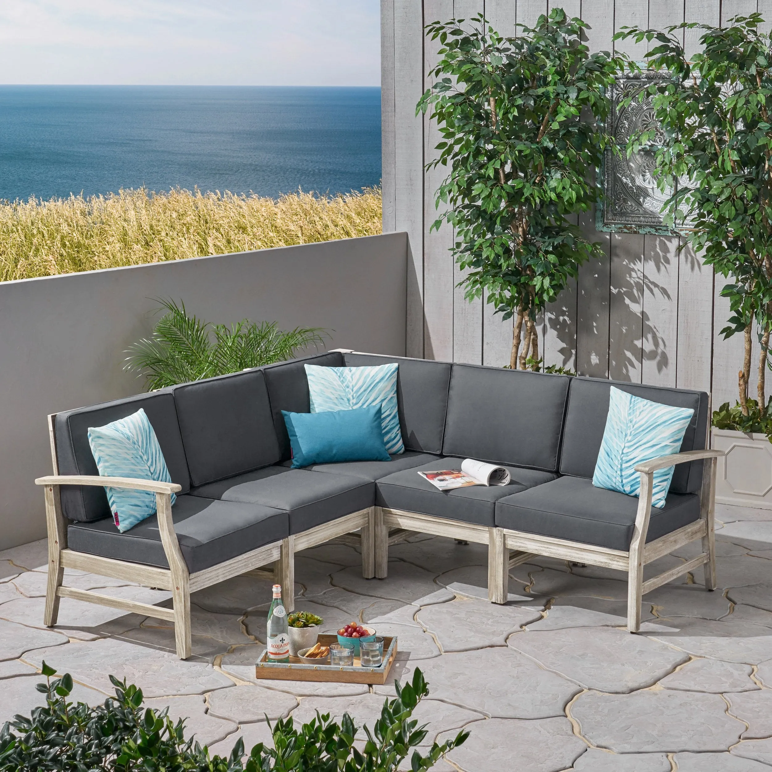Outdoor 5 Piece Acacia Wood Sectional Sofa Set - NH223803