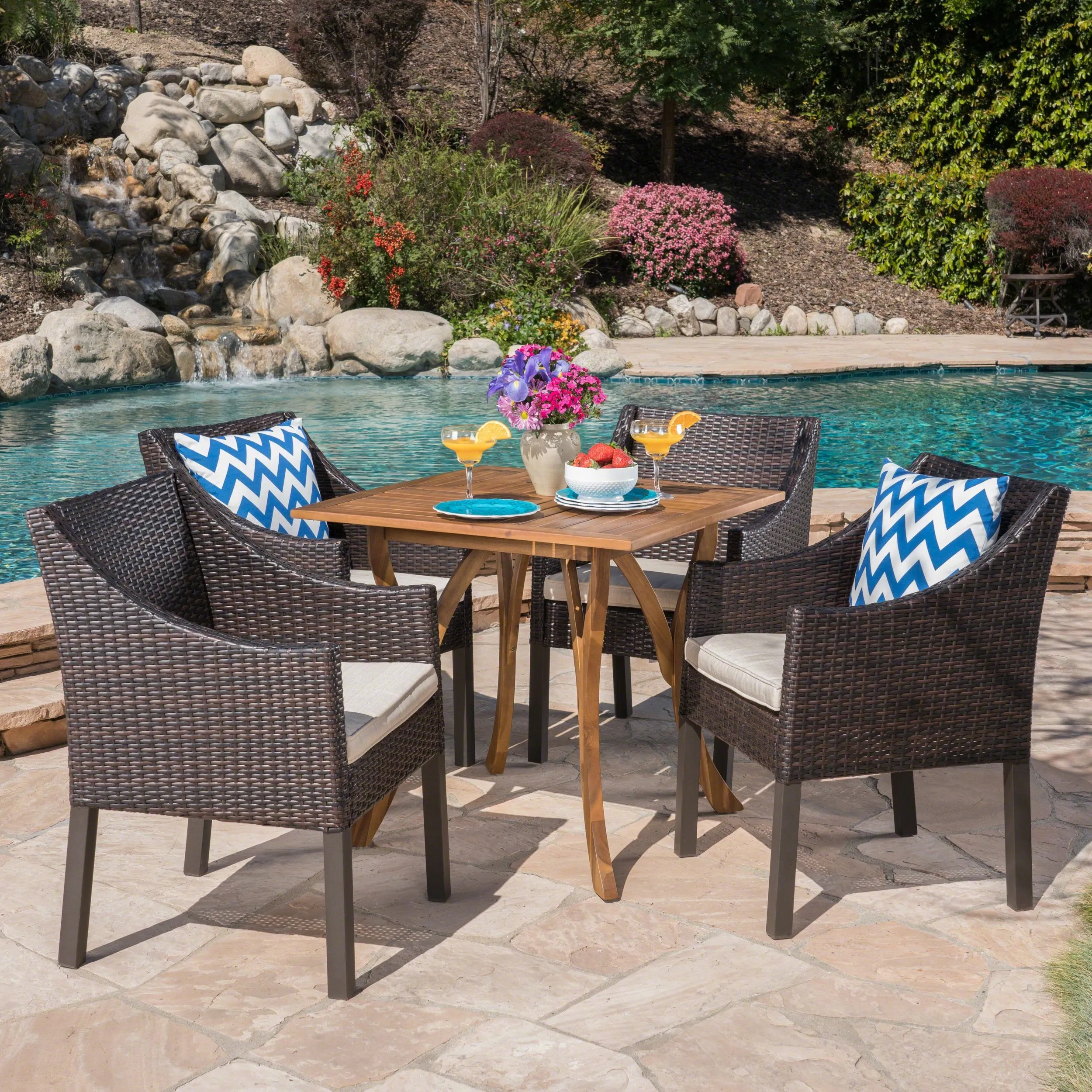 Outdoor 5 Piece Acacia Wood/ Wicker Dining Set with Cushions, Teak Finish and Multibrown with Beige - NH903403 patio chairs, outdoor seating