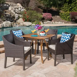 Outdoor 5 Piece Acacia Wood/ Wicker Dining Set with Cushions, Teak Finish and Multibrown with Beige - NH903403 patio chairs, outdoor seating