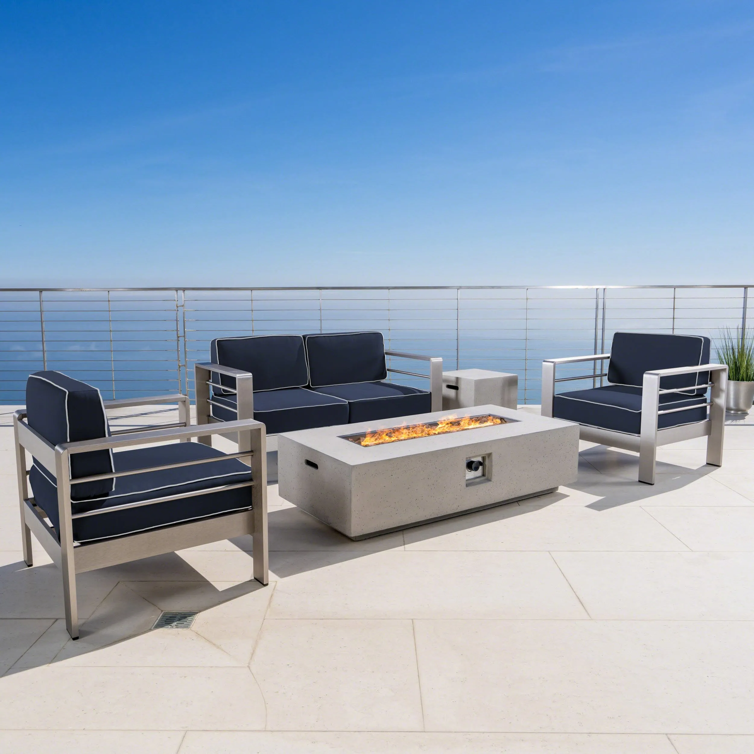 Outdoor 5 Piece Aluminum Chat Set with Sunbrella Cushions and Fire Pit - NH793303 cushion cover, soft furnishing