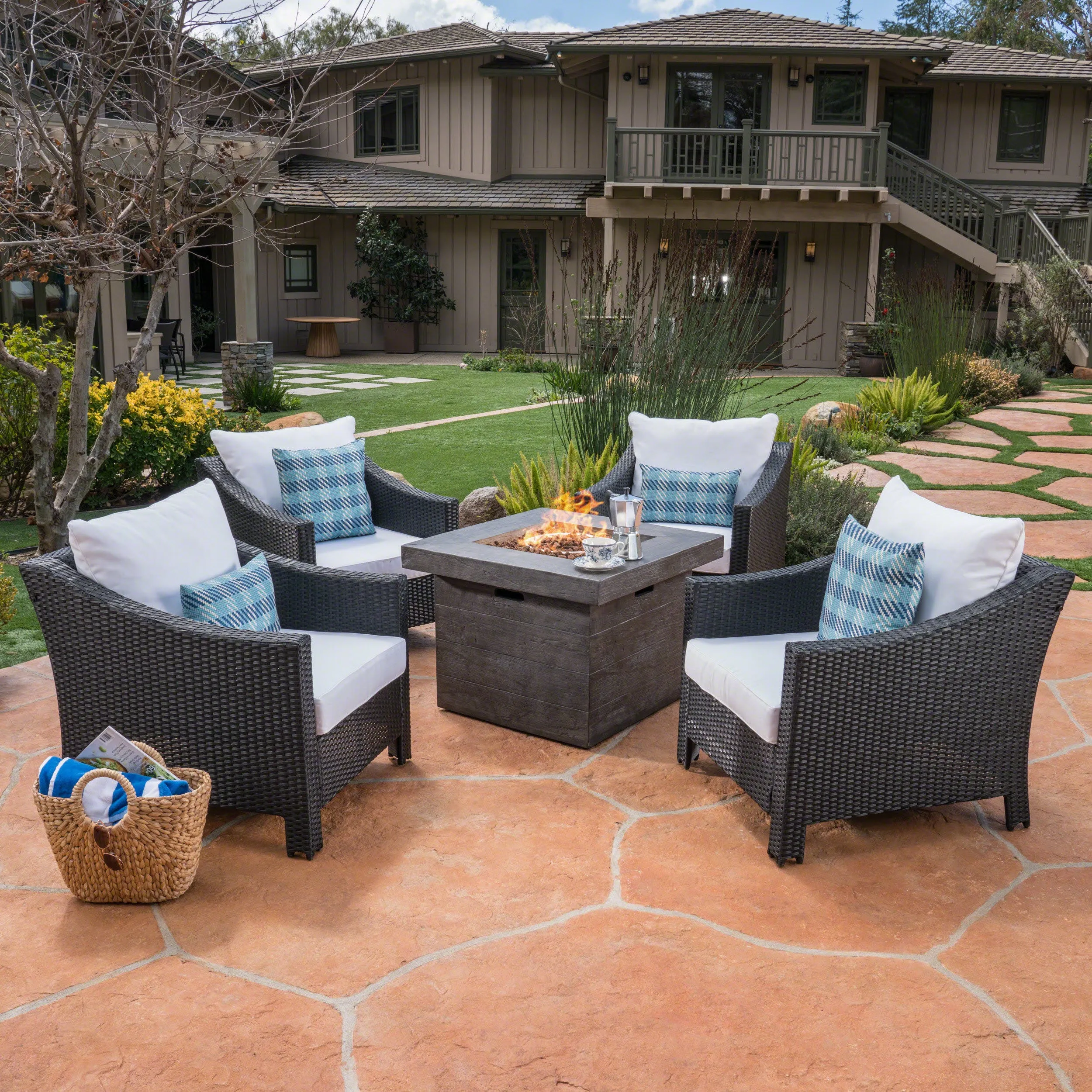 Outdoor 5 Piece Black Wicker Club Chairs Fire Pit Chat Set - NH446303 clothes rack, garment rack