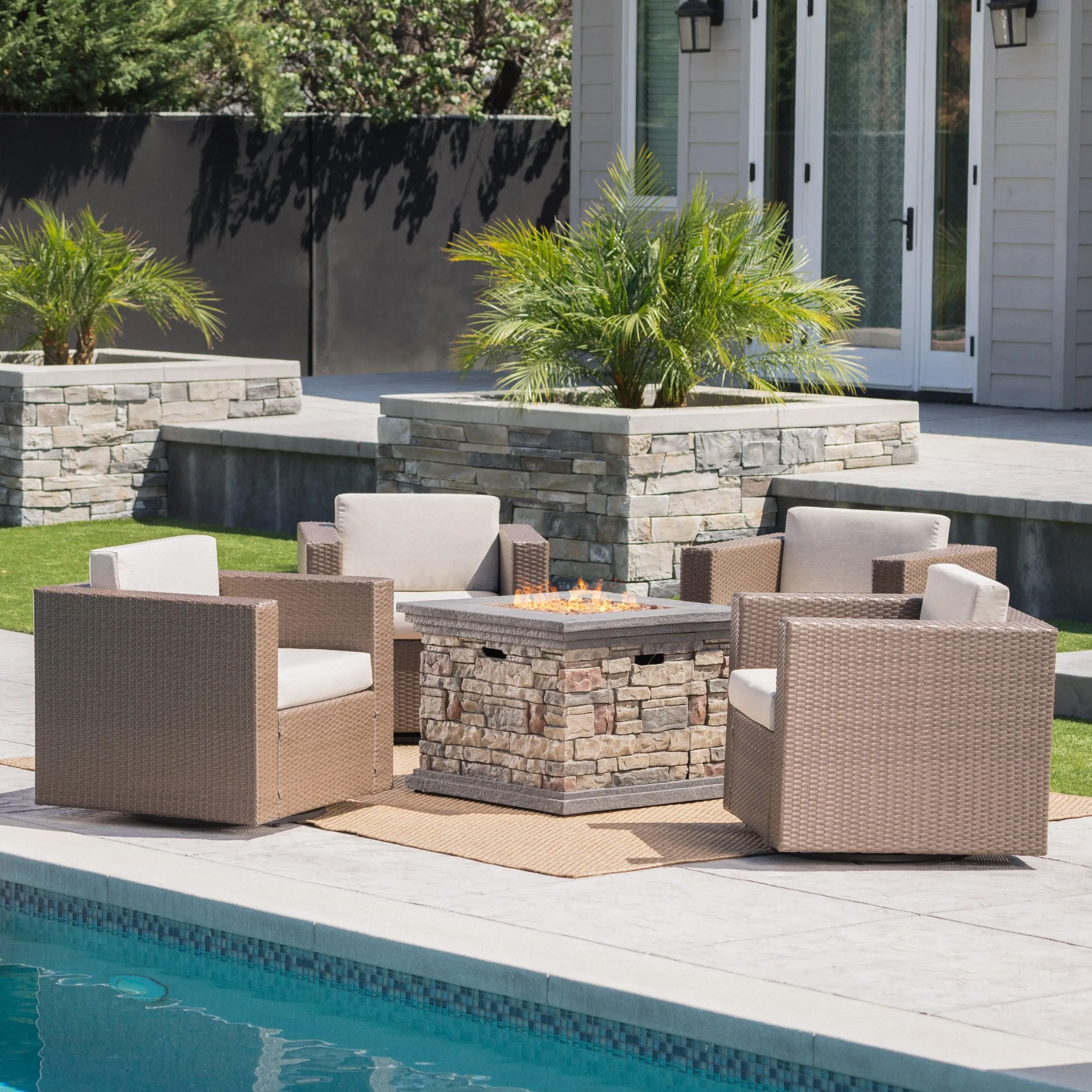 Outdoor 5 Piece Chat Set with Brown Wicker Club Chairs and Fire Pit - NH552203