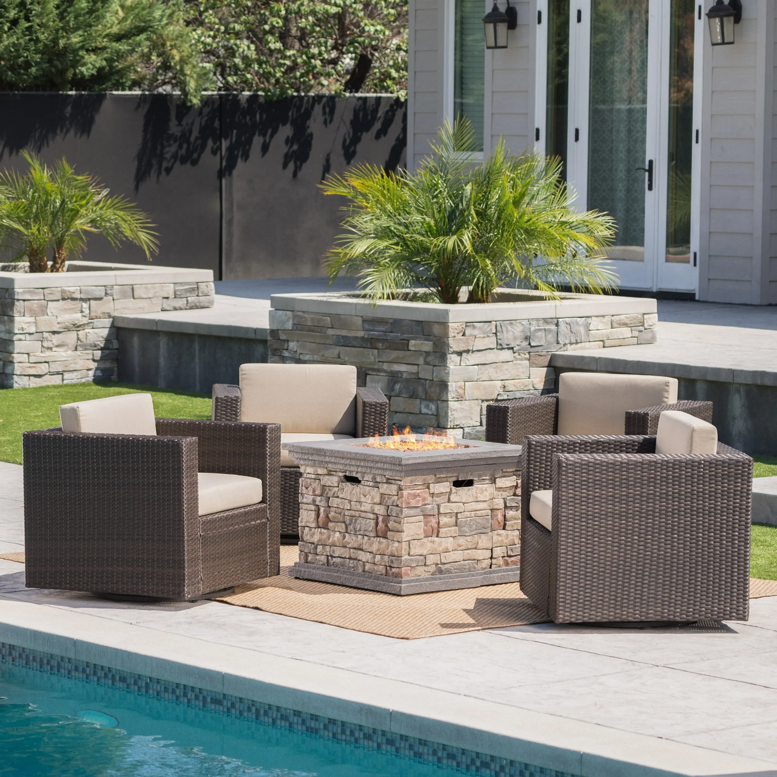 Outdoor 5 Piece Chat Set with Dark Brown Chairs with Fire Pit - NH352203