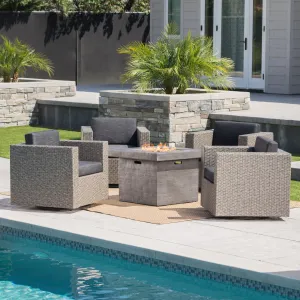 Outdoor 5 Piece Chat Set with Mixed Black Wicker Chairs and Fire Pit - NH452203 patio chairs, outdoor seating