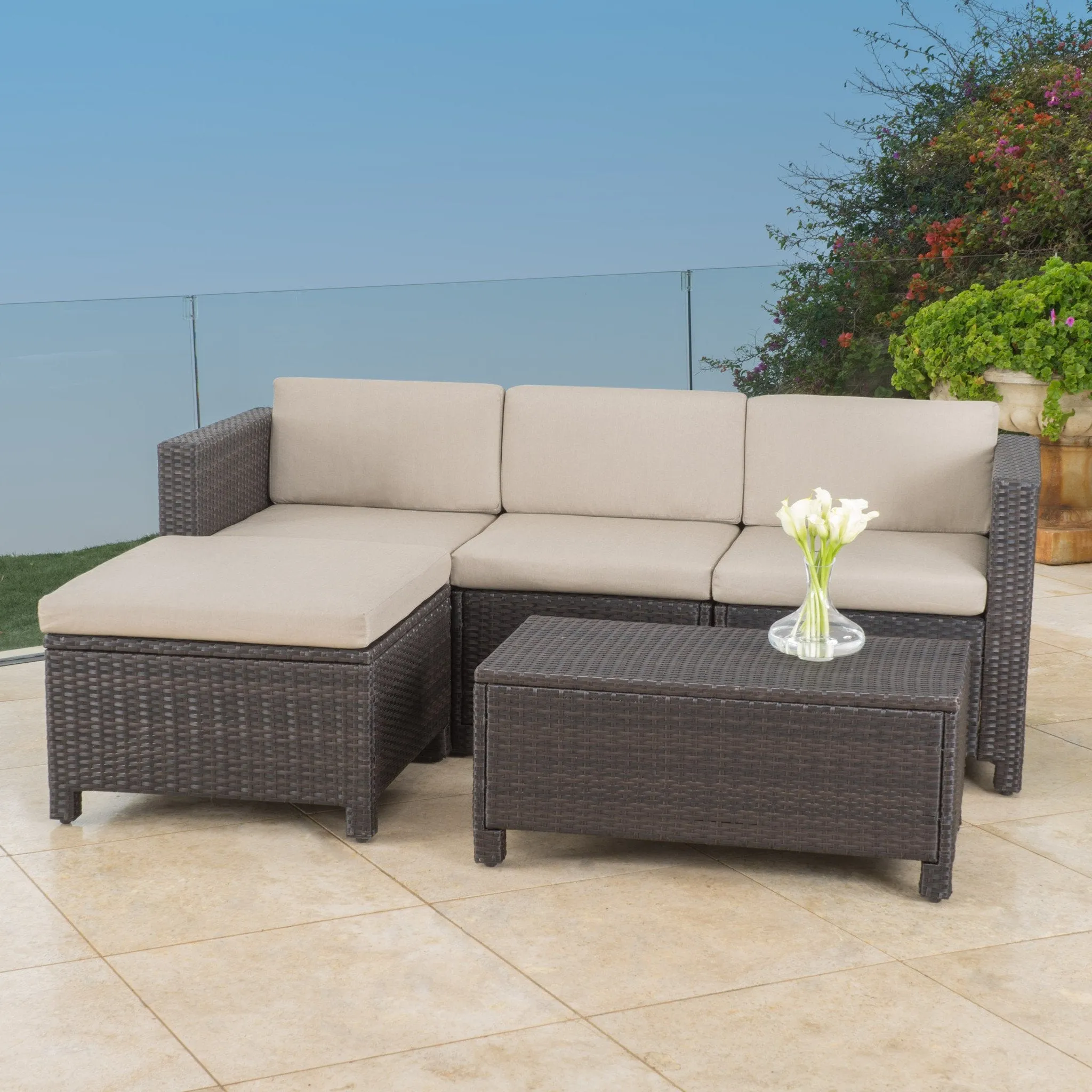 Outdoor 5-piece Dark Brown Wicker Sectional Sofa Set with Beige Cushions - NH376692 serving bowl, serving dish