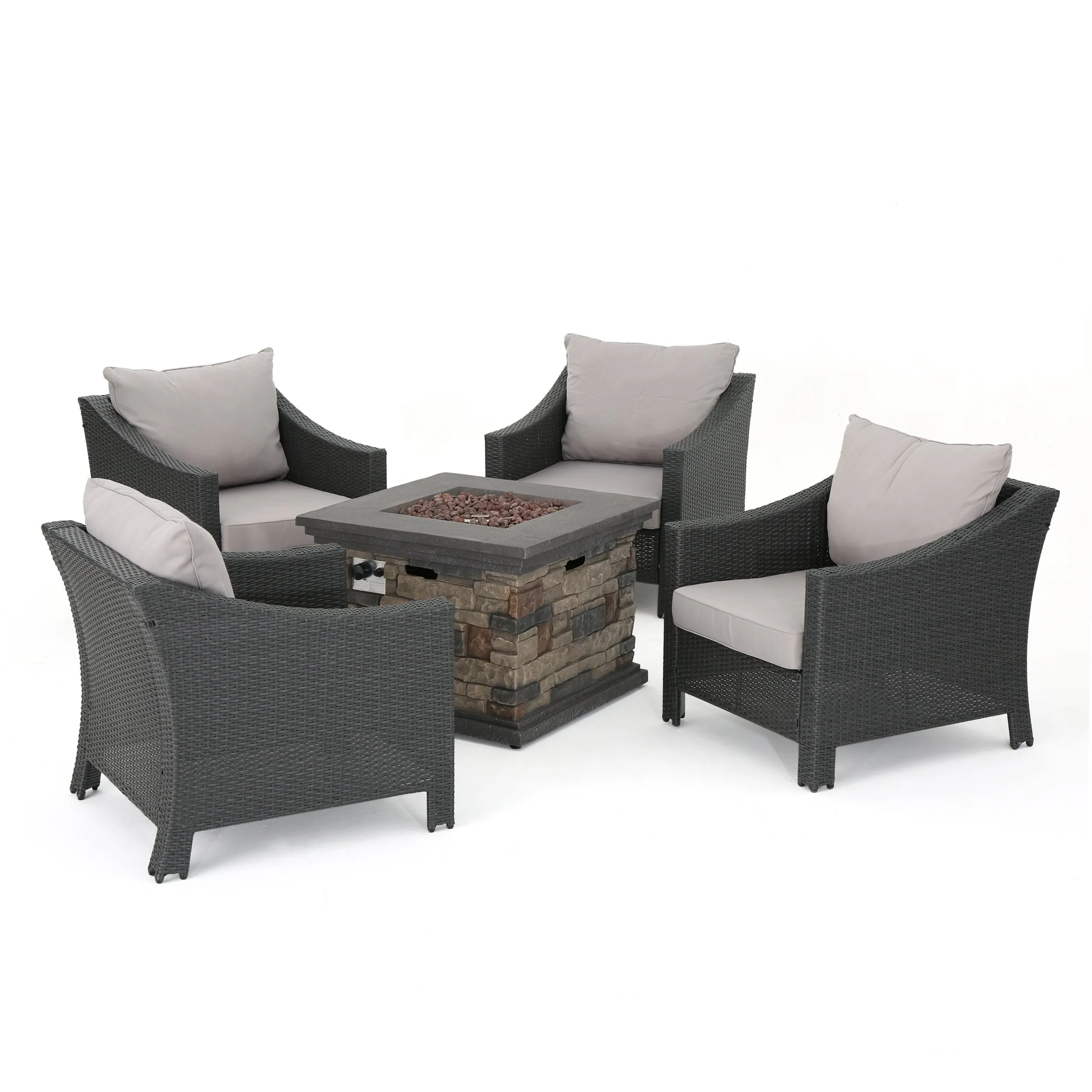 Outdoor 5 Piece Gray Wicker Chat Set with Stone Finished Fire Pit - NH943303