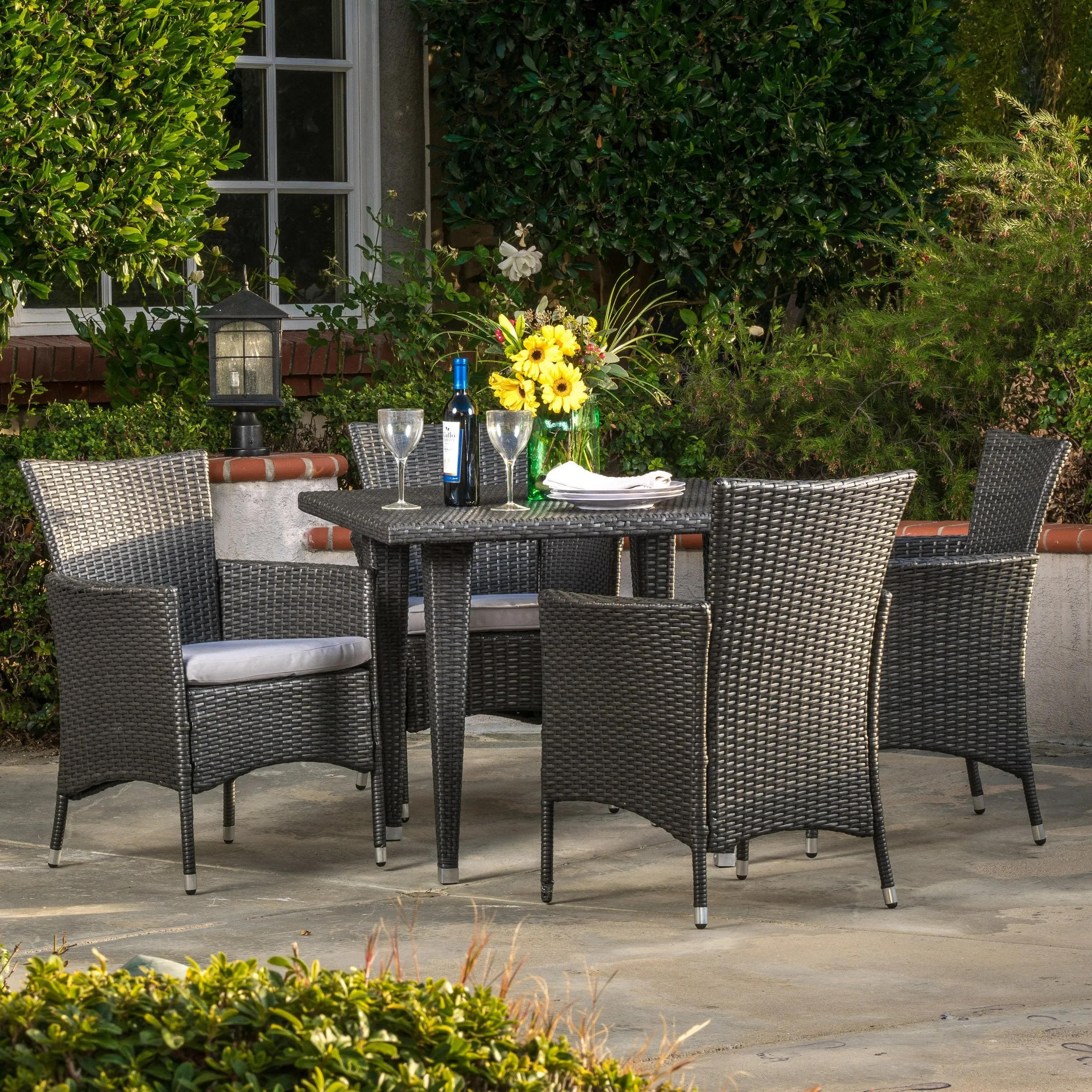 Outdoor 5-Piece Gray Wicker Dining Set with Gray Cushions - NH786692 patio chairs, outdoor seating