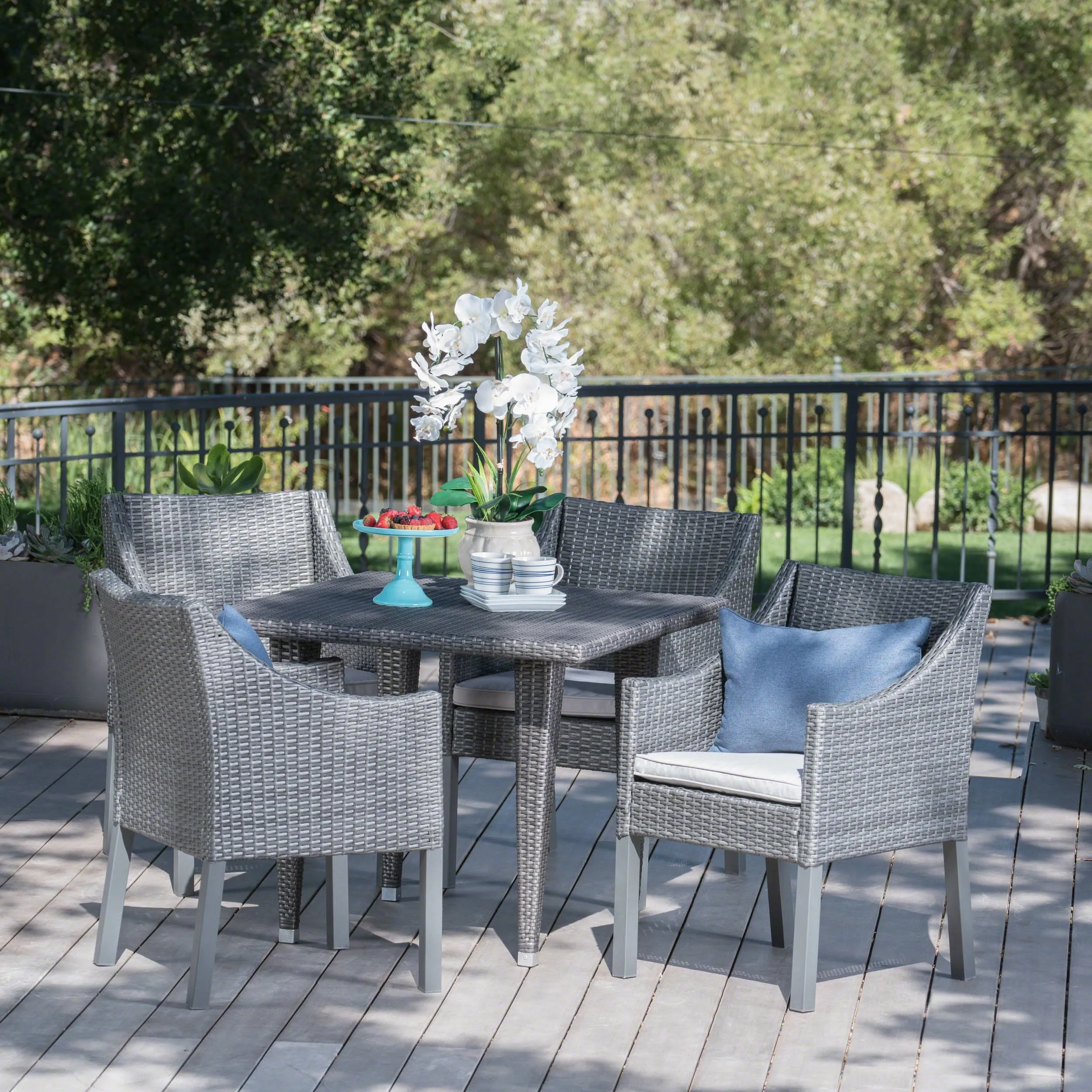 Outdoor 5 Piece Gray Wicker Dining Set with Water Resistant Cushions - NH123203 patio chairs, outdoor seating