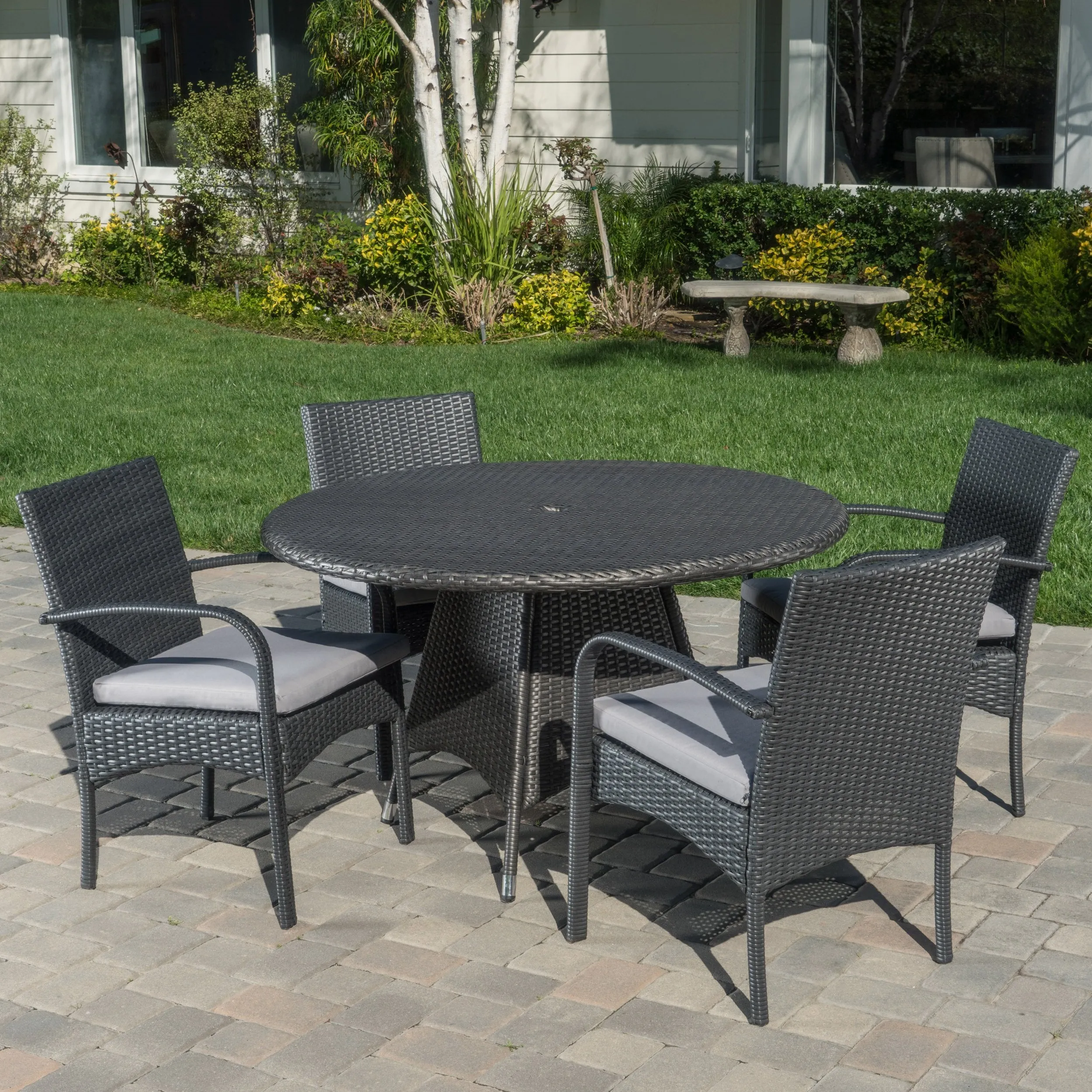 Outdoor 5 Piece Grey Wicker Dining Set with Cushions - NH402003 patio chairs, outdoor seating