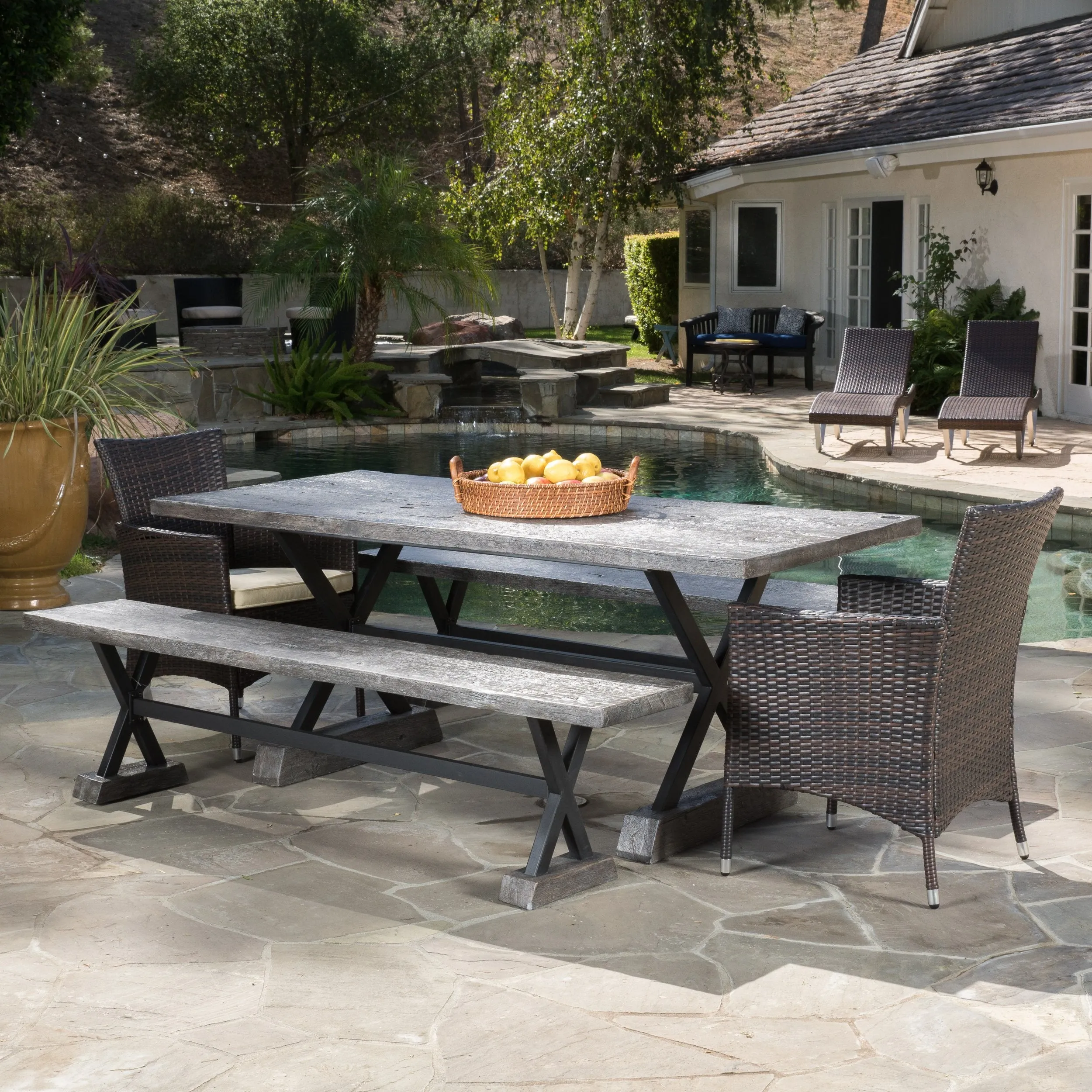 Outdoor 5 Piece Lightweight Concrete Dining Set with Benches - NH219592 patio chairs, outdoor seating