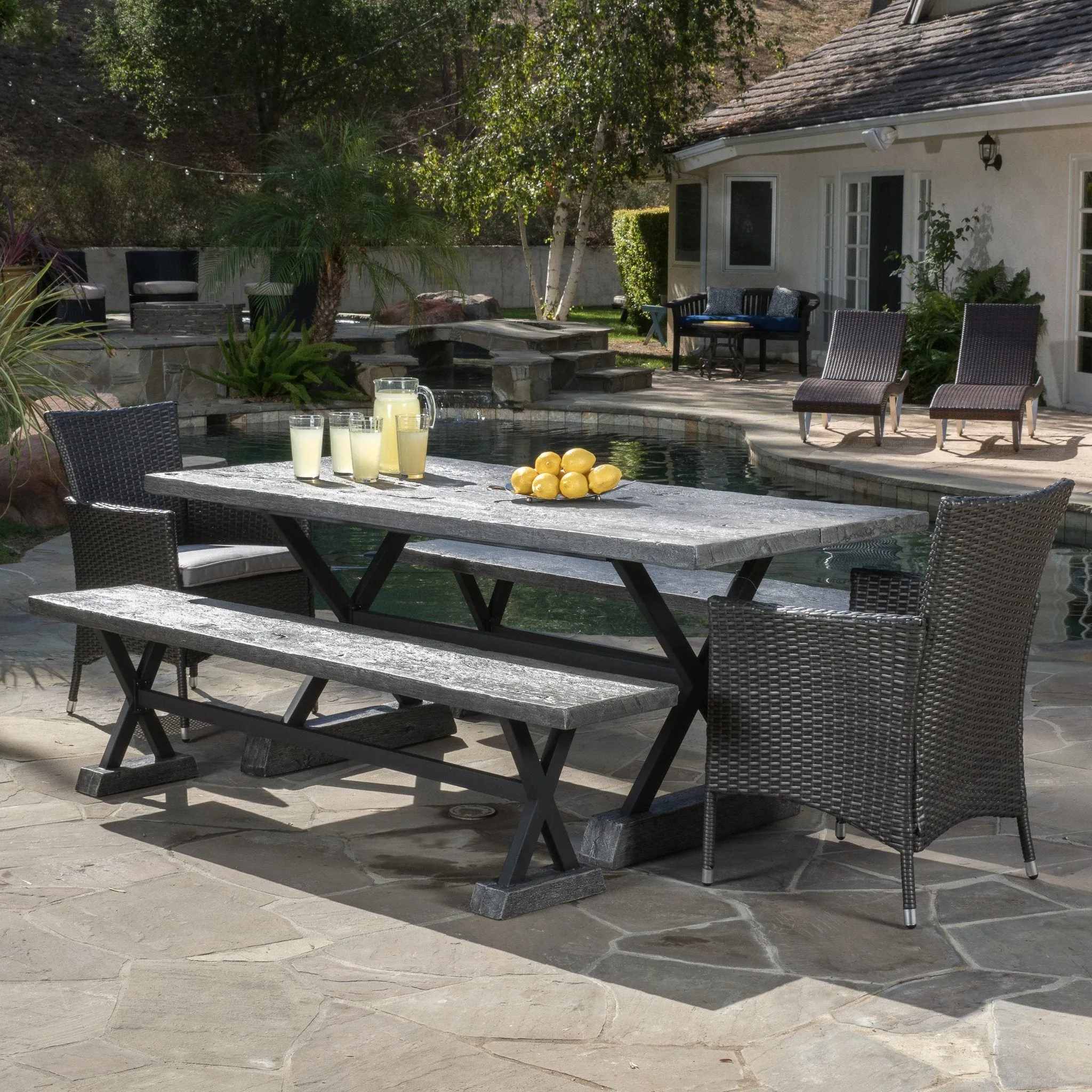 Outdoor 5 Piece Lightweight Concrete Dining Set with Benches - NH909592 patio chairs, outdoor seating