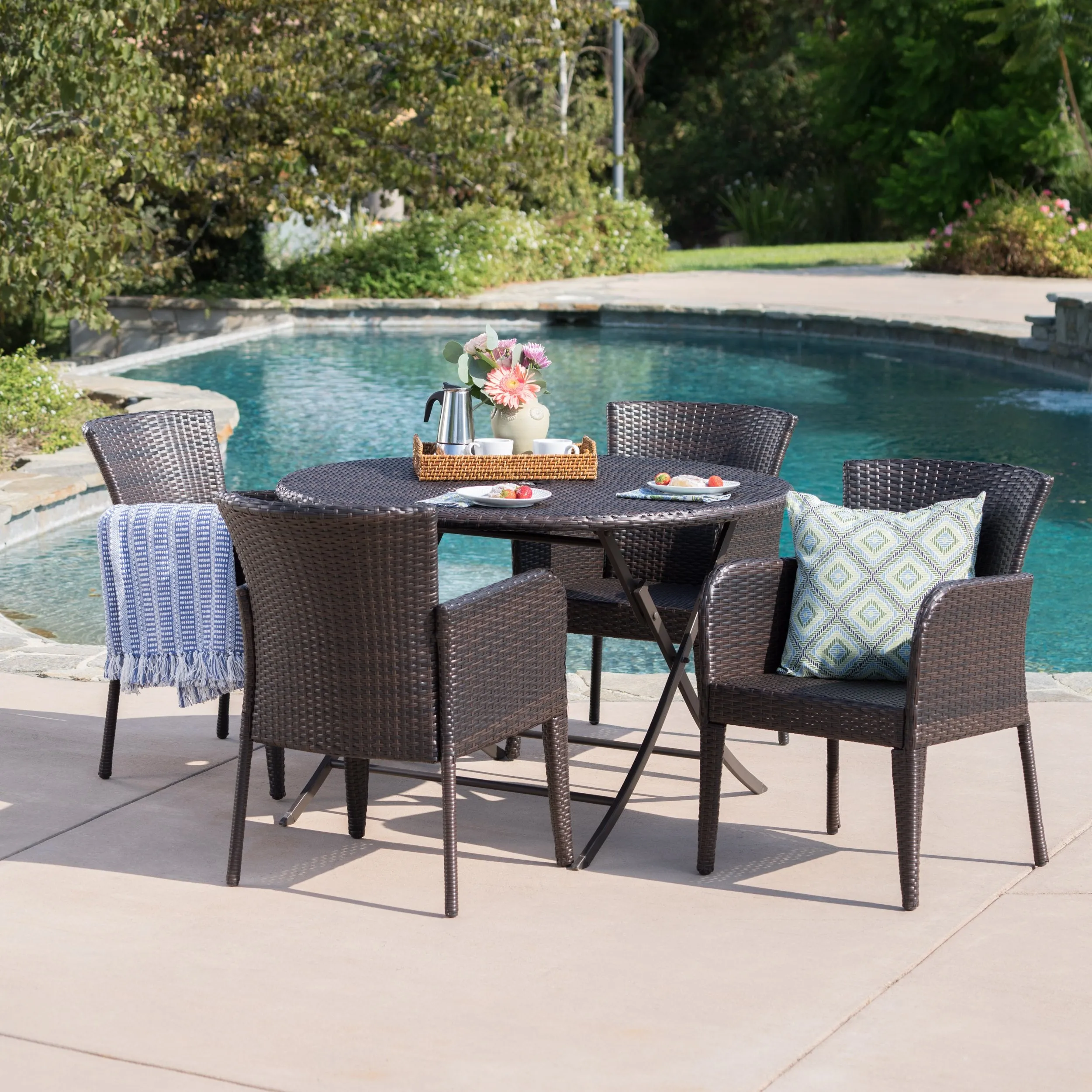 Outdoor 5 Piece Multi-brown Wicker Dining Set with Foldable Table - NH800203 patio chairs, outdoor seating