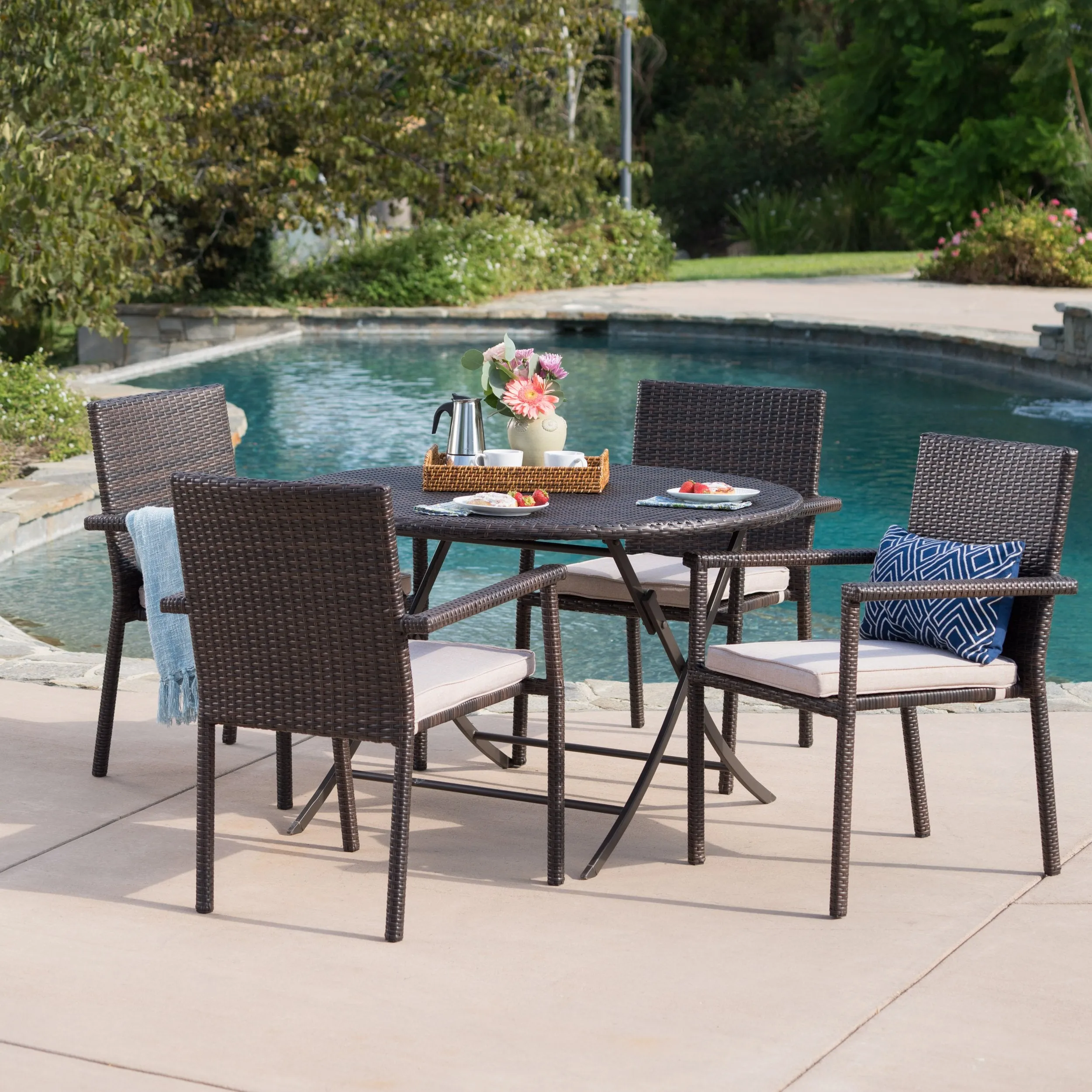 Outdoor 5 Piece Multi-brown Wicker Dining Set with Foldable Table - NH900203 patio chairs, outdoor seating