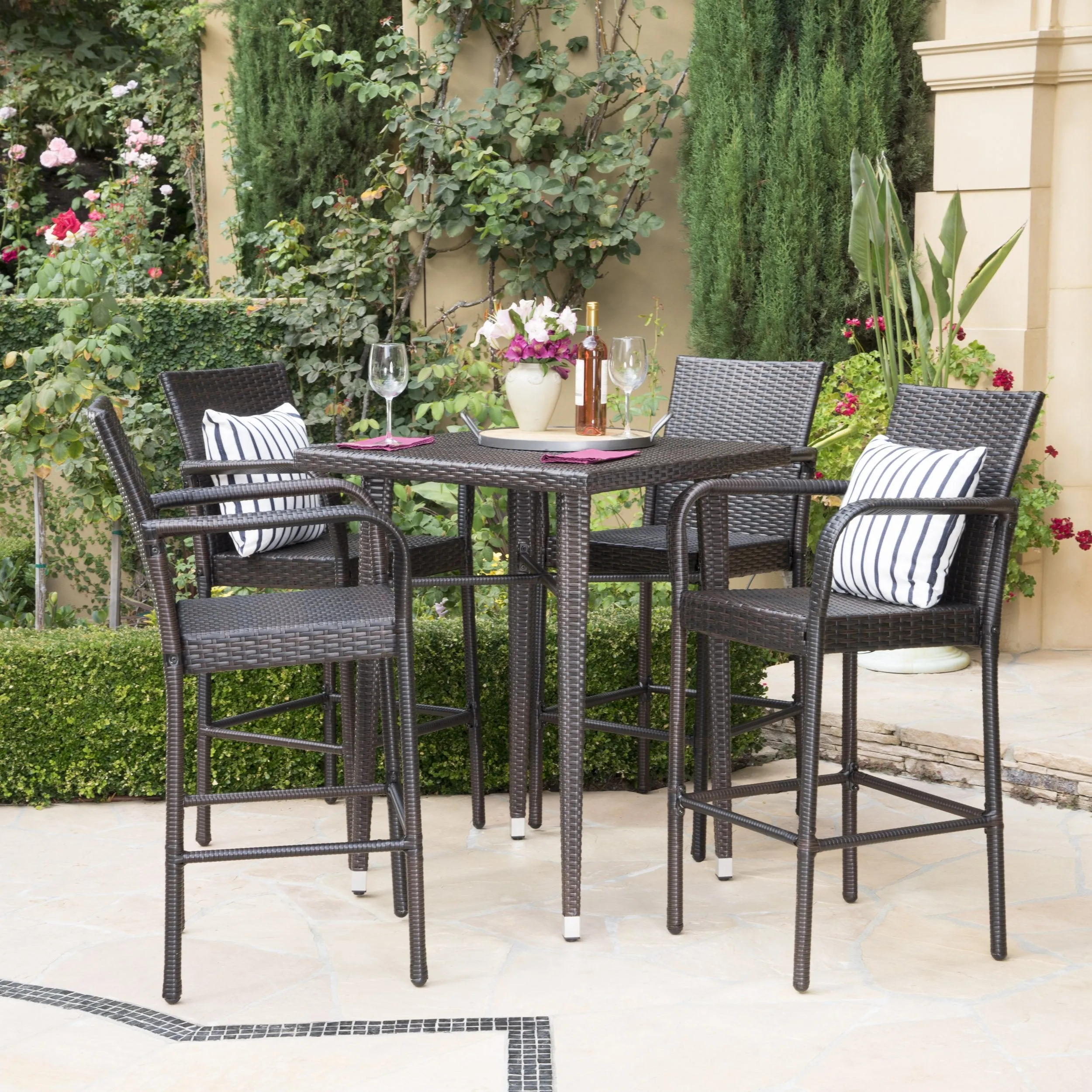 Outdoor 5 Piece Multi-brown Wicker Square Bar Table Set - NH013203 patio chairs, outdoor seating
