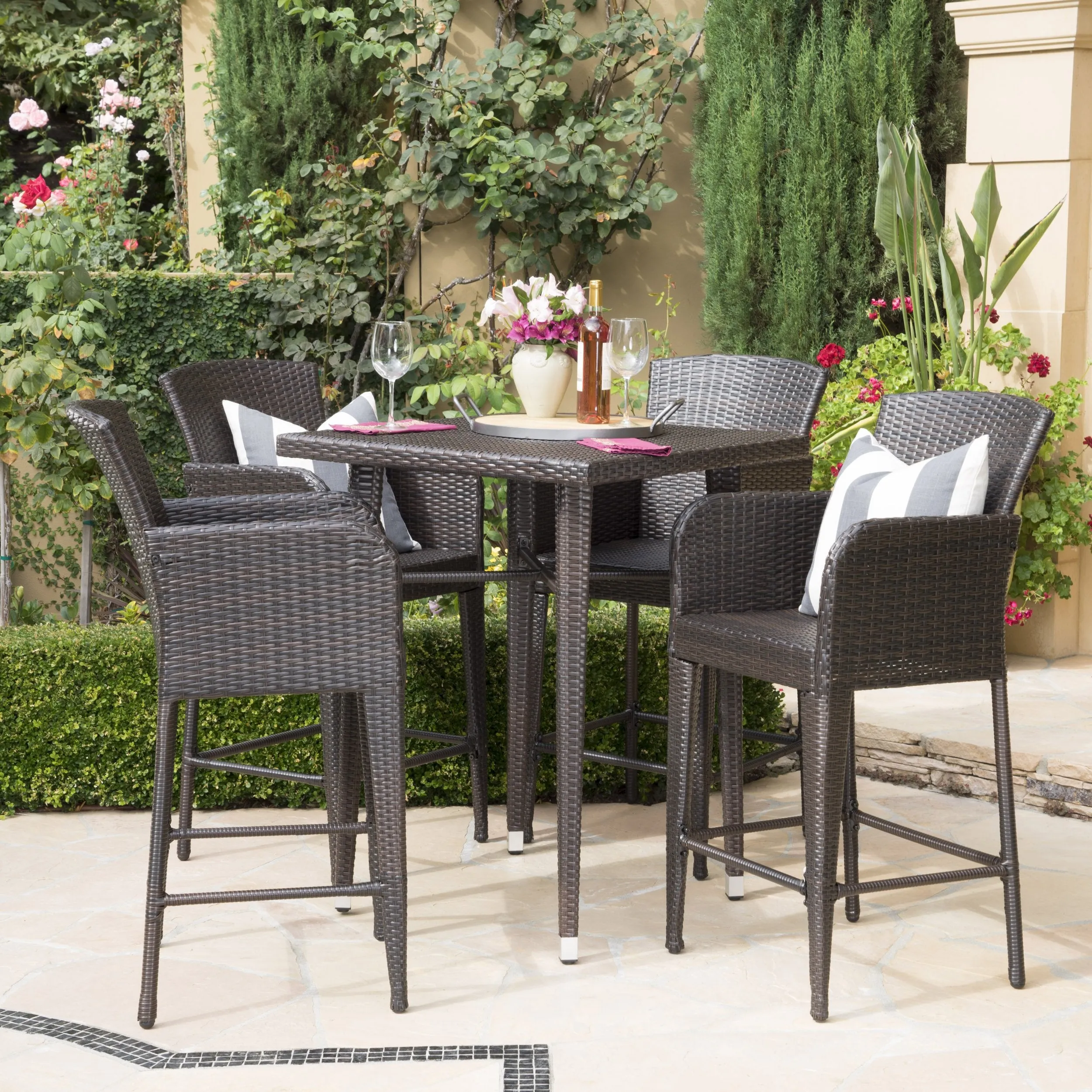 Outdoor 5 Piece Multi-brown Wicker Square Bar Table Set - NH113203 patio chairs, outdoor seating