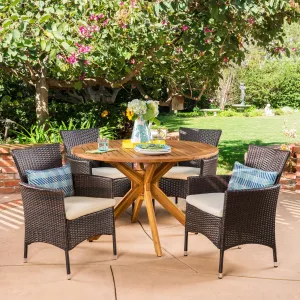 Outdoor 5 Piece Multibrown Wicker Dining Set with Teak Finish Circular Acacia Wood Dining Table and Beige Water Resistant Cushions - NH291403 patio chairs, outdoor seating