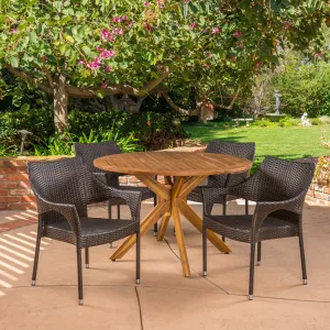 Outdoor 5 Piece Multibrown Wicker Dining Set with Teak Finish Circular Acacia Wood Dining Table - NH191403 patio chairs, outdoor seating