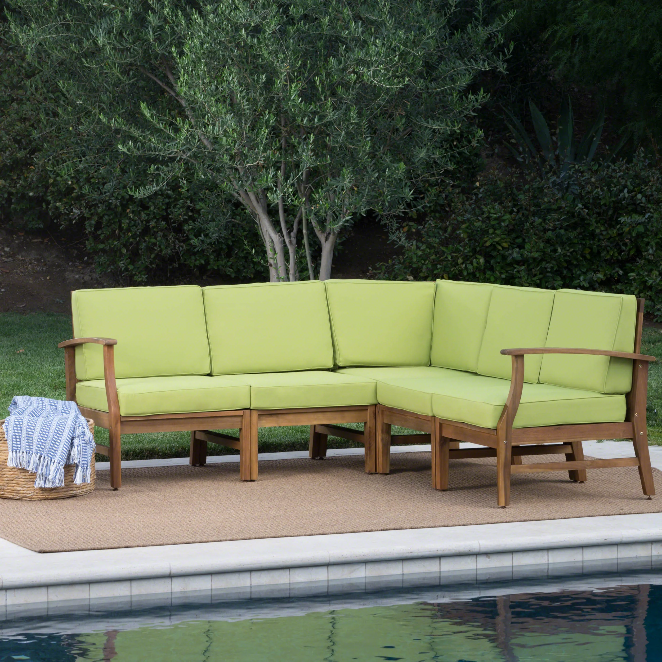 Outdoor 5 Piece Sectional with Green Water Resistant Cushions - NH739003 patio chairs, outdoor seating