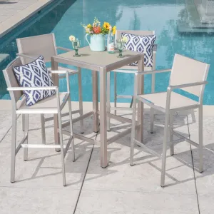 Outdoor 5 Piece Silver Rust-Proof Aluminum Bar Set with Grey Mesh Seats and Grey Tempered Glass Top Bar Table - NH662403 patio chairs, outdoor seating