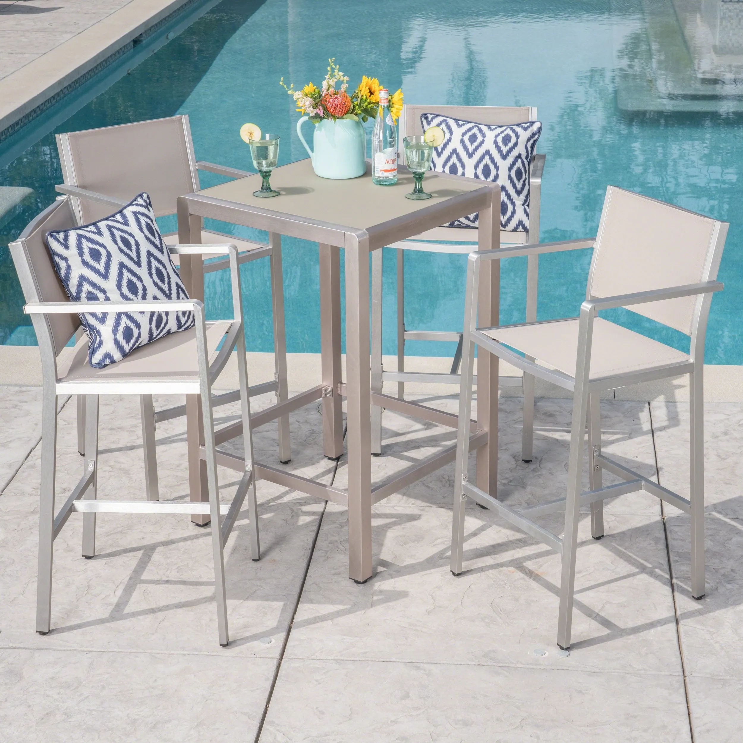 Outdoor 5 Piece Silver Rust-Proof Aluminum Bar Set with Grey Mesh Seats and Grey Tempered Glass Top Bar Table - NH662403 patio chairs, outdoor seating