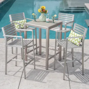 Outdoor 5 Piece Silver Rust-Proof Aluminum Bar Set with Grey Tempered Glass Top Bar Table - NH562403 patio chairs, outdoor seating