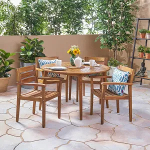 Outdoor 5 Piece Teak Acacia Wood Slatted Dining Set with Circular Table - NH703503 patio chairs, outdoor seating