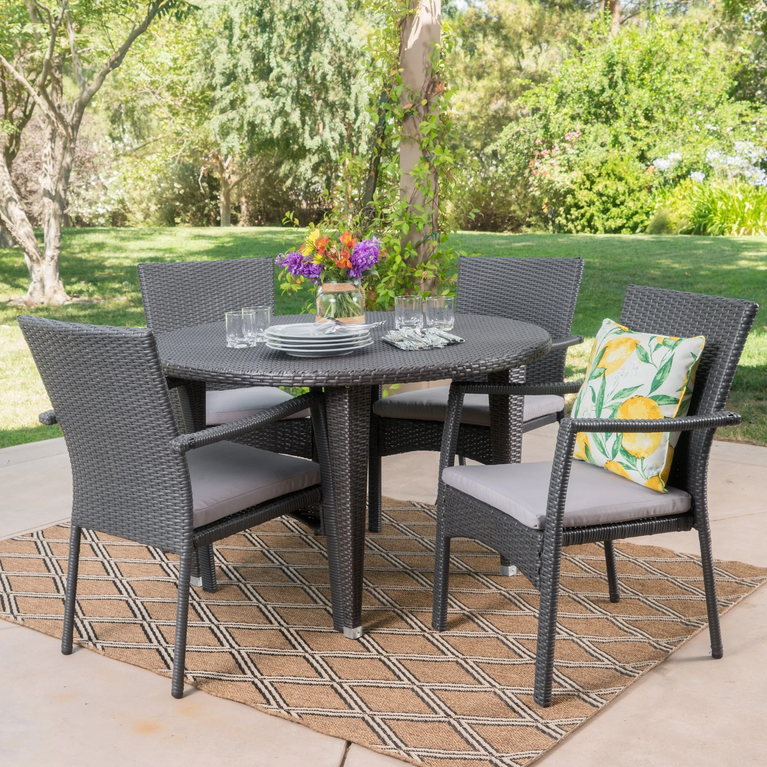 Outdoor 5 Piece Wicker Circular Dining Set with Water Resistant Cushions - NH551103 patio chairs, outdoor seating