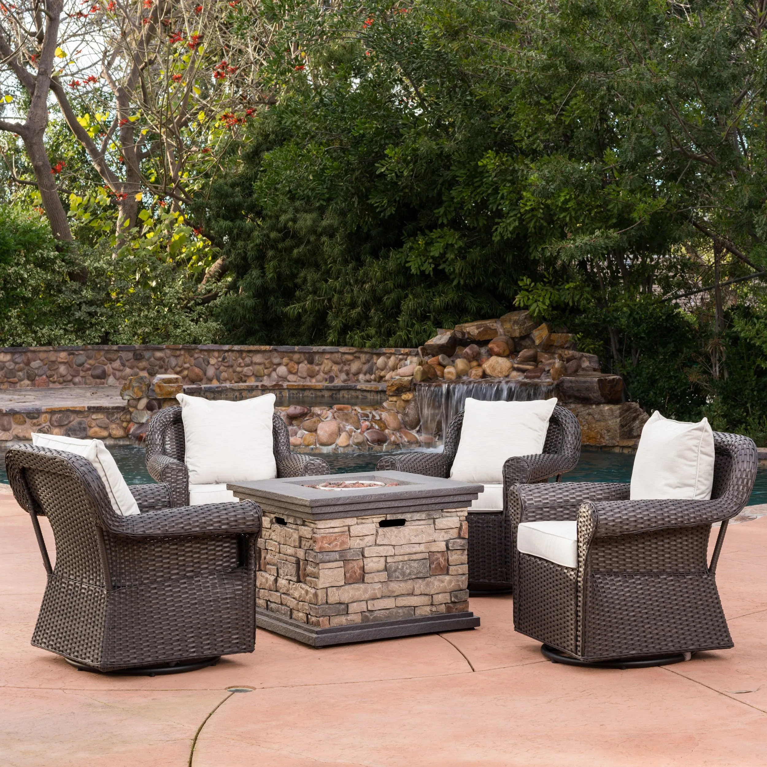 Outdoor 5 Piece Wicker Rocker and Gas Firepit Set - NH842003