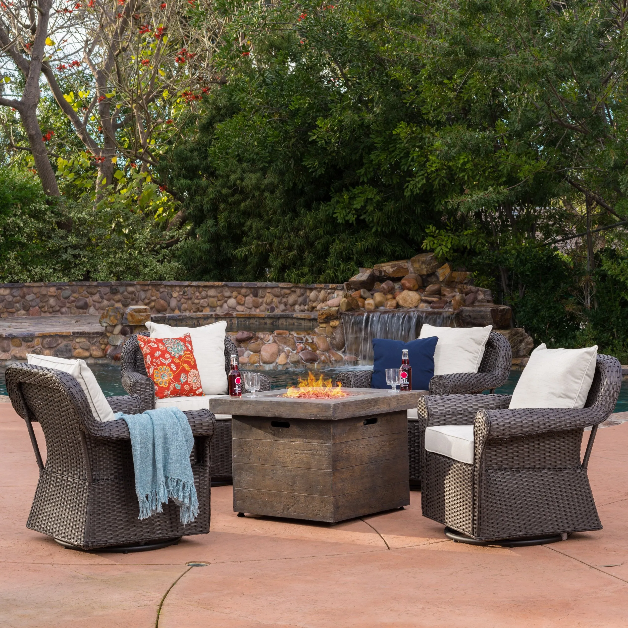 Outdoor 5 Piece Wicker Rocker and Gas Firepit Set - NH842003