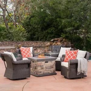 Outdoor 5 Piece Wicker Rocker and Gas Firepit Set - NH842003 patio chairs, outdoor seating
