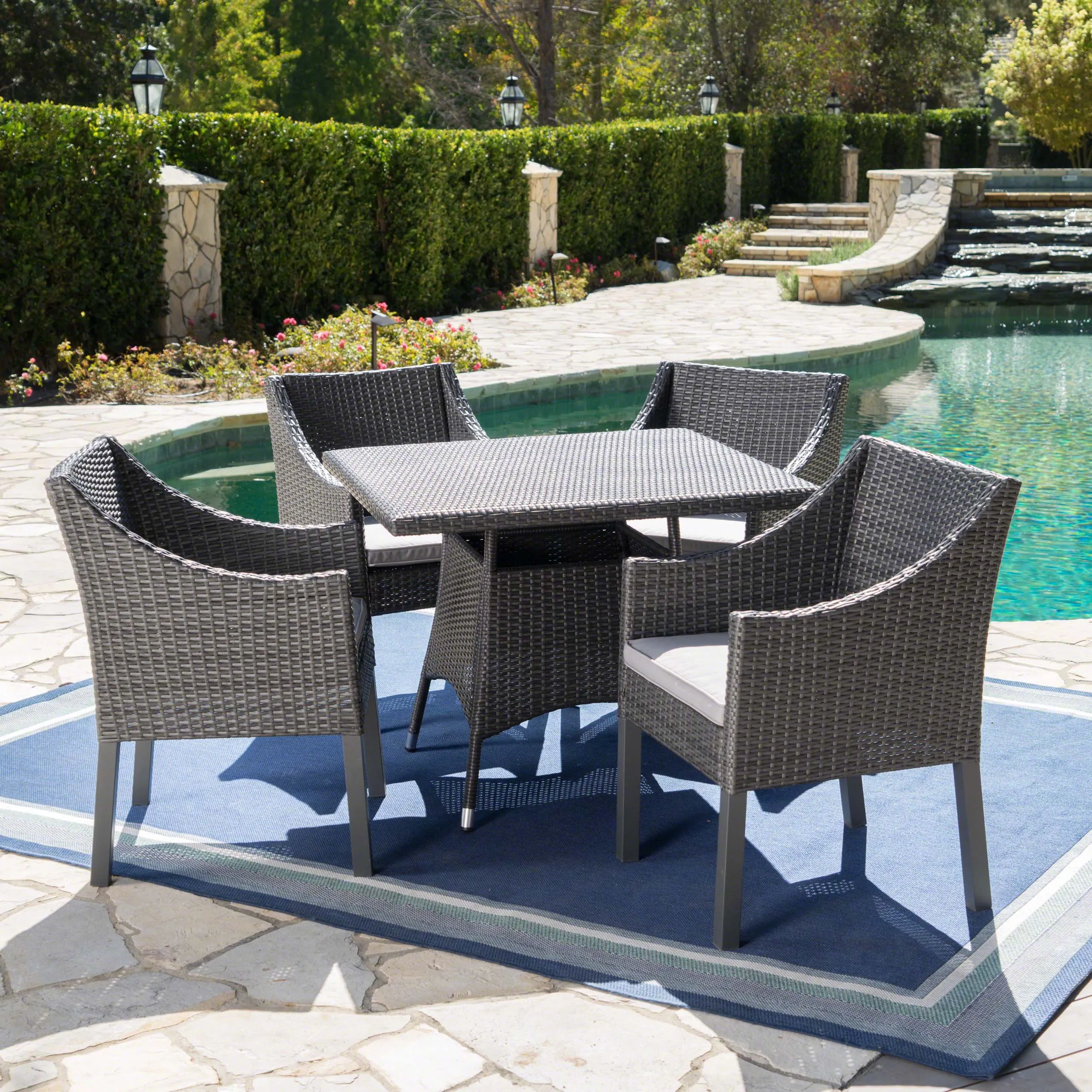 Outdoor 5 Piece Wicker Round Dining Set with Water Resistant Cushions - NH613203 patio chairs, outdoor seating