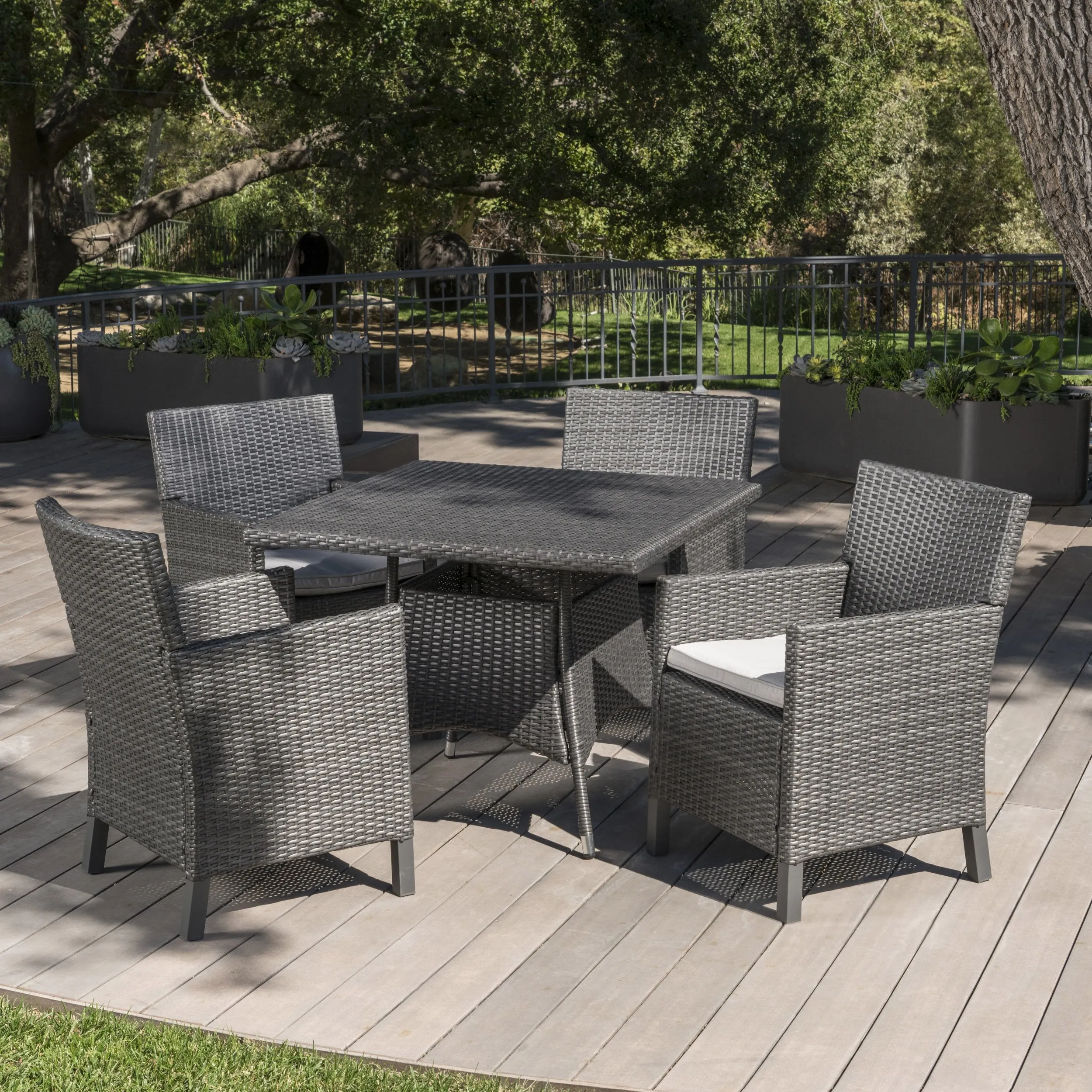Outdoor 5 Piece Wicker Square Dining Set with Water Resistant Cushions - NH633203 patio chairs, outdoor seating