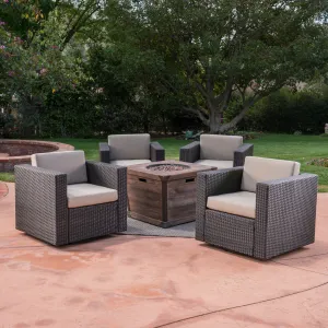 Outdoor 5 Piece Wicker Swivel Club Chair and Fire Pit Set, Dark Brown with Beige and Brown - NH153403 clothes rack, garment rack