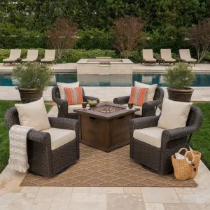 Outdoor 5 Piece Wicker Swivel Club Chairs with Brown Gas Fire Pit - NH628203 clothes rack, garment rack