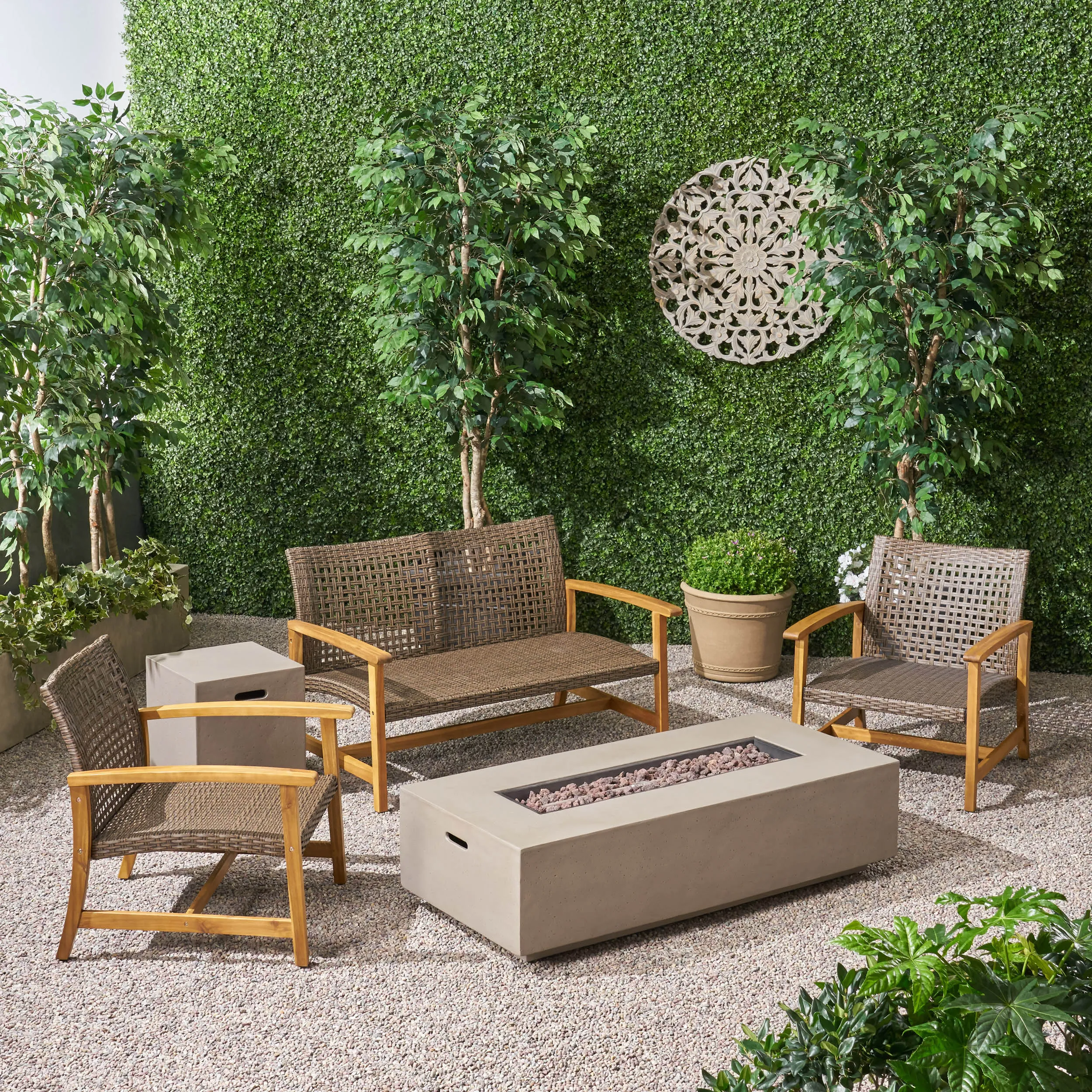 Outdoor 5 Piece Wood and Wicker Chat Set with Fire Pit - NH261803 patio chairs, outdoor seating