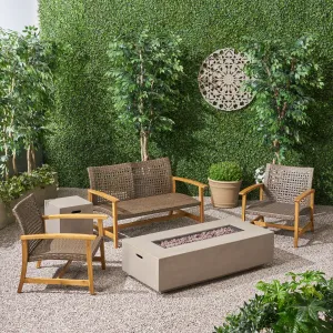 Outdoor 5 Piece Wood and Wicker Chat Set with Fire Pit - NH261803 patio chairs, outdoor seating