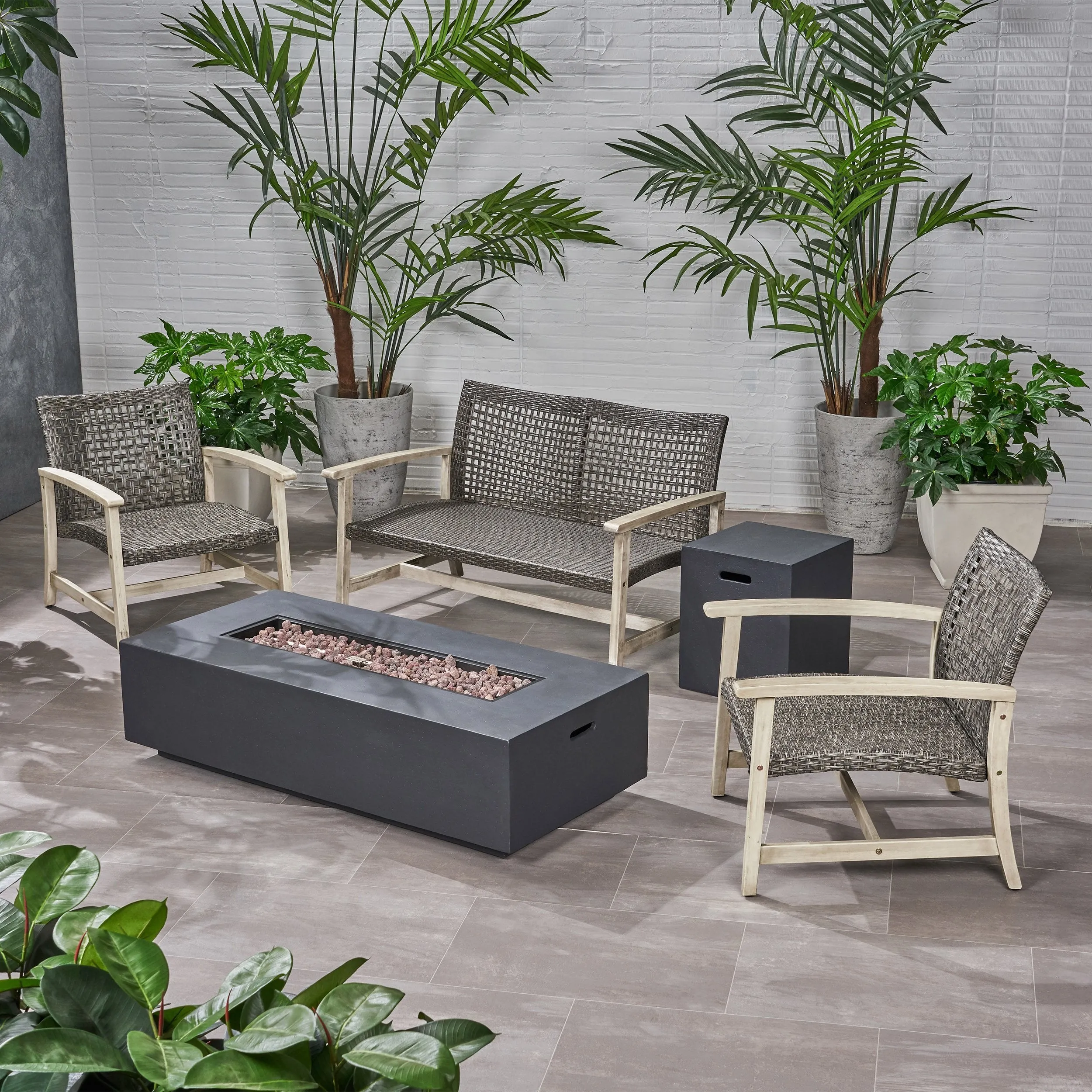 Outdoor 5 Piece Wood and Wicker Chat Set with Fire Pit - NH261803