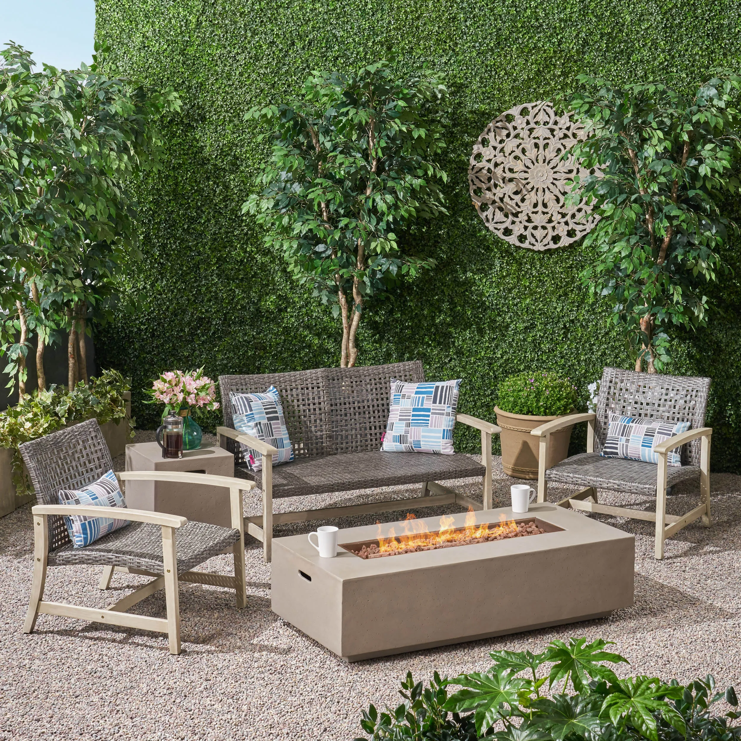 Outdoor 5 Piece Wood and Wicker Chat Set with Fire Pit - NH361803 patio chairs, outdoor seating