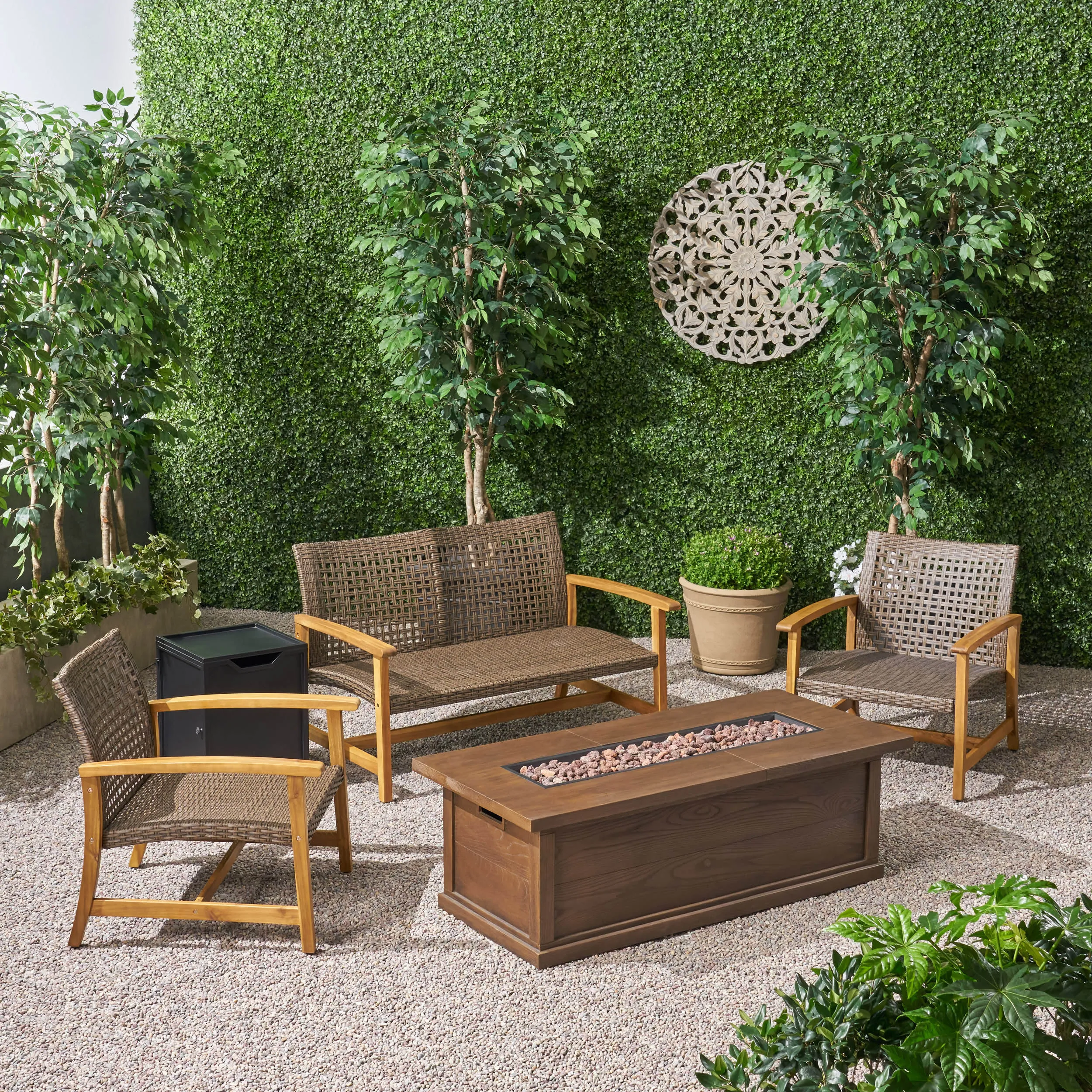 Outdoor 5 Piece Wood and Wicker Chat Set with Fire Pit - NH951803 clothes rack, garment rack
