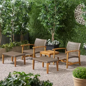 Outdoor 5 Piece Wood and Wicker Club Chair and Ottoman Set - NH751803 patio chairs, outdoor seating