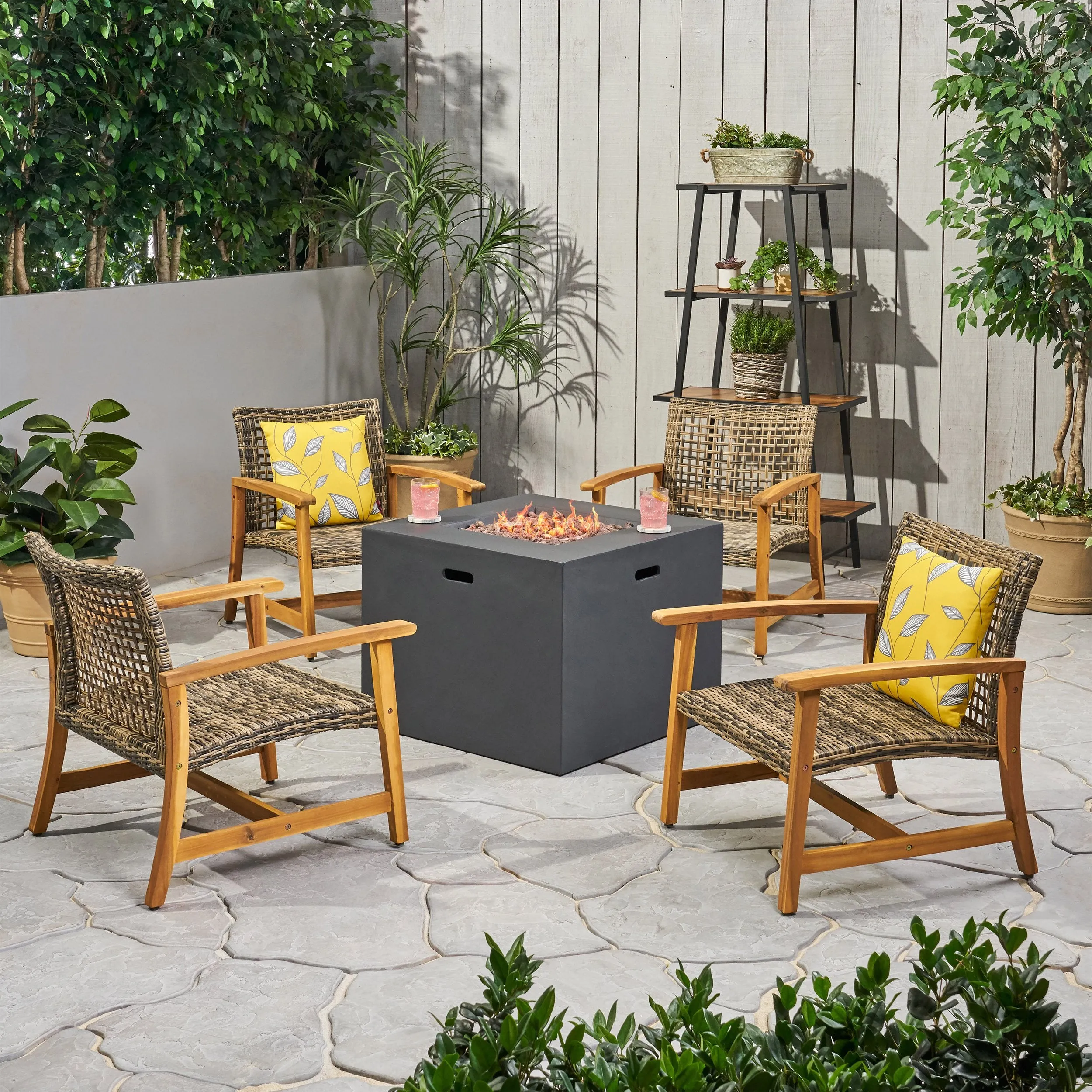 Outdoor 5 Piece Wood and Wicker Club Chairs and Fire Pit Set - NH051803 clothes rack, garment rack