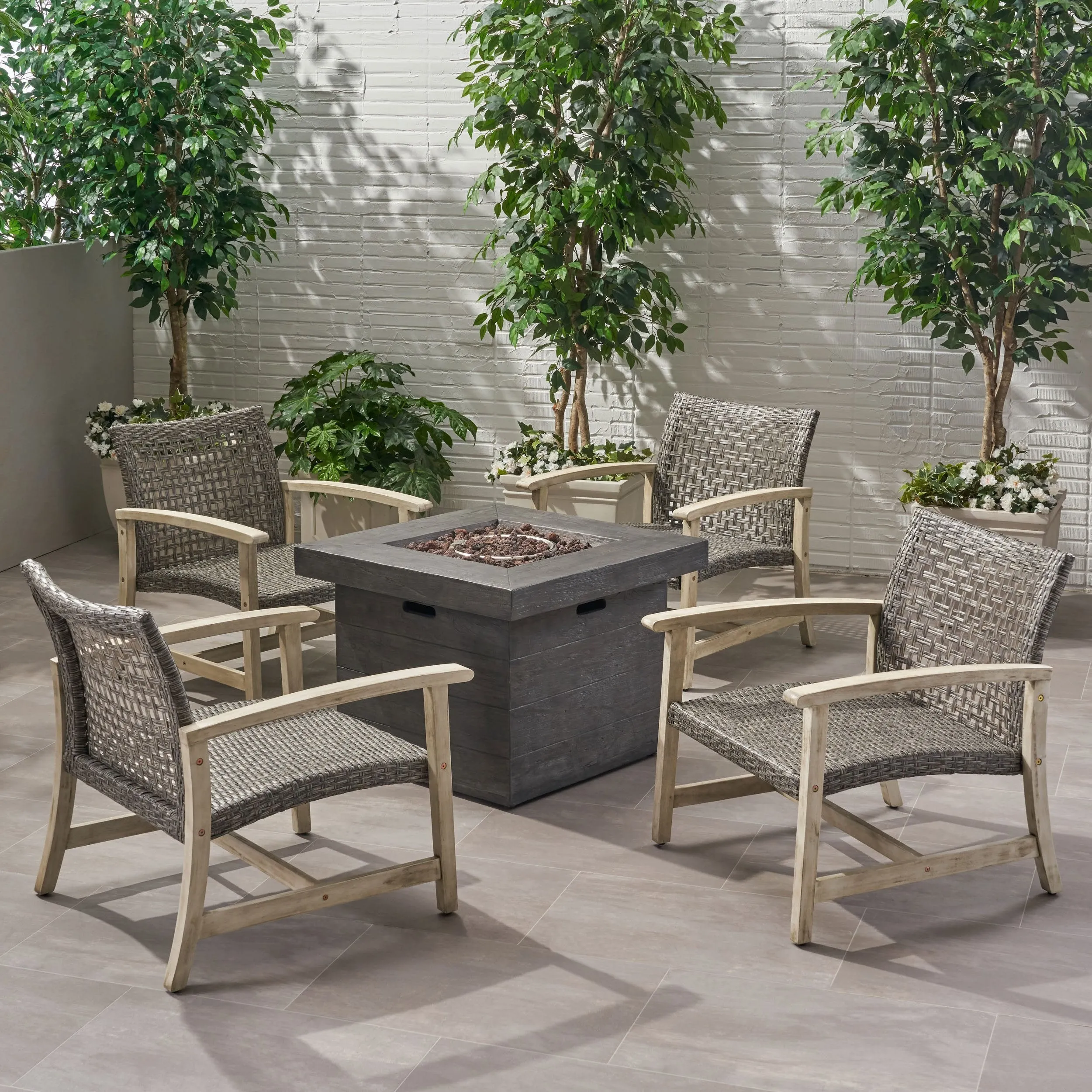 Outdoor 5 Piece Wood and Wicker Club Chairs and Fire Pit Set - NH451803
