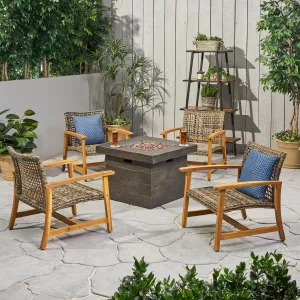 Outdoor 5 Piece Wood and Wicker Club Chairs and Fire Pit Set - NH651803 clothes rack, garment rack
