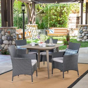 Outdoor 5 Piece Wood and Wicker Dining Set, Gray and Gray - NH021503 patio chairs, outdoor seating
