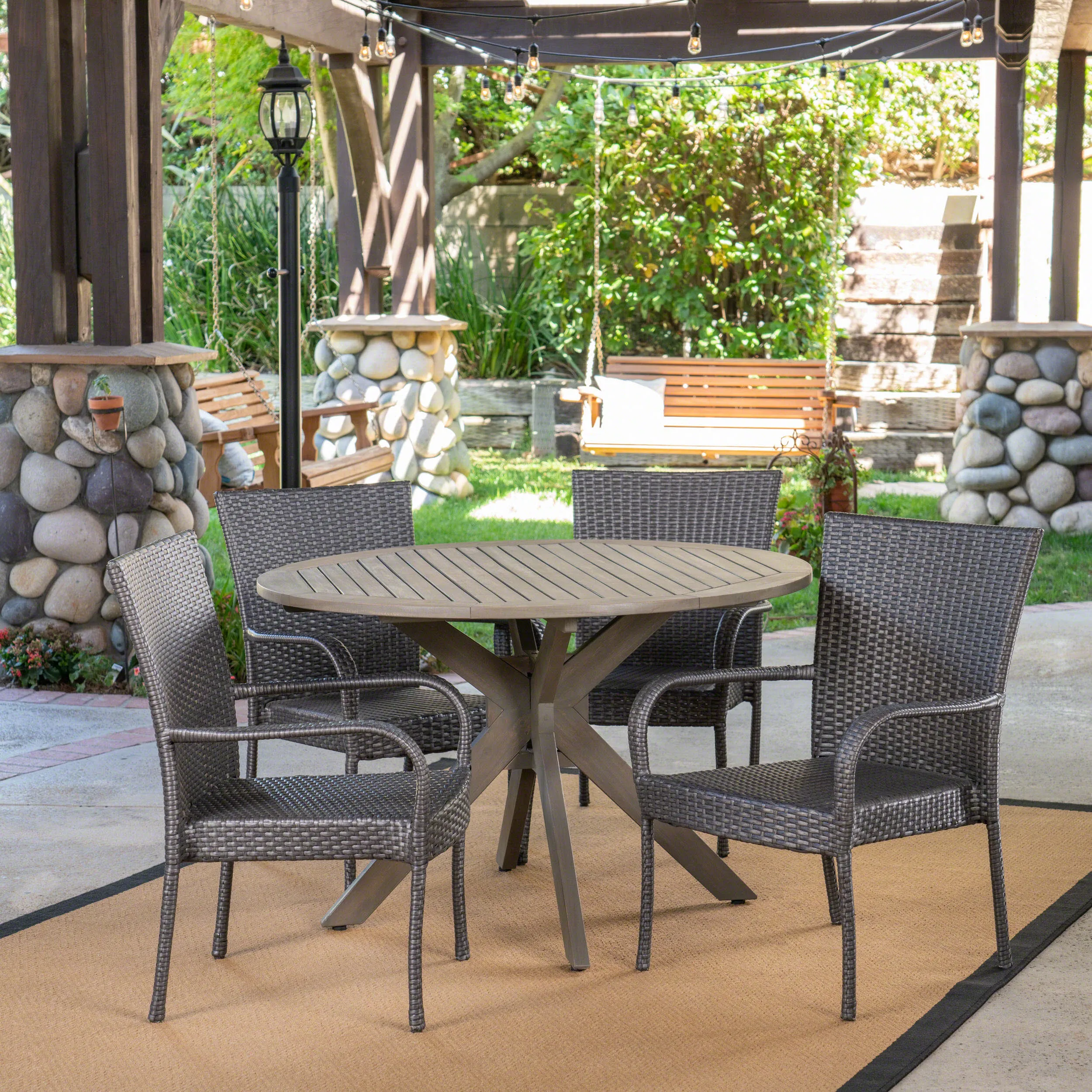 Outdoor 5 Piece Wood and Wicker Dining Set, Gray and Gray - NH701503 patio chairs, outdoor seating