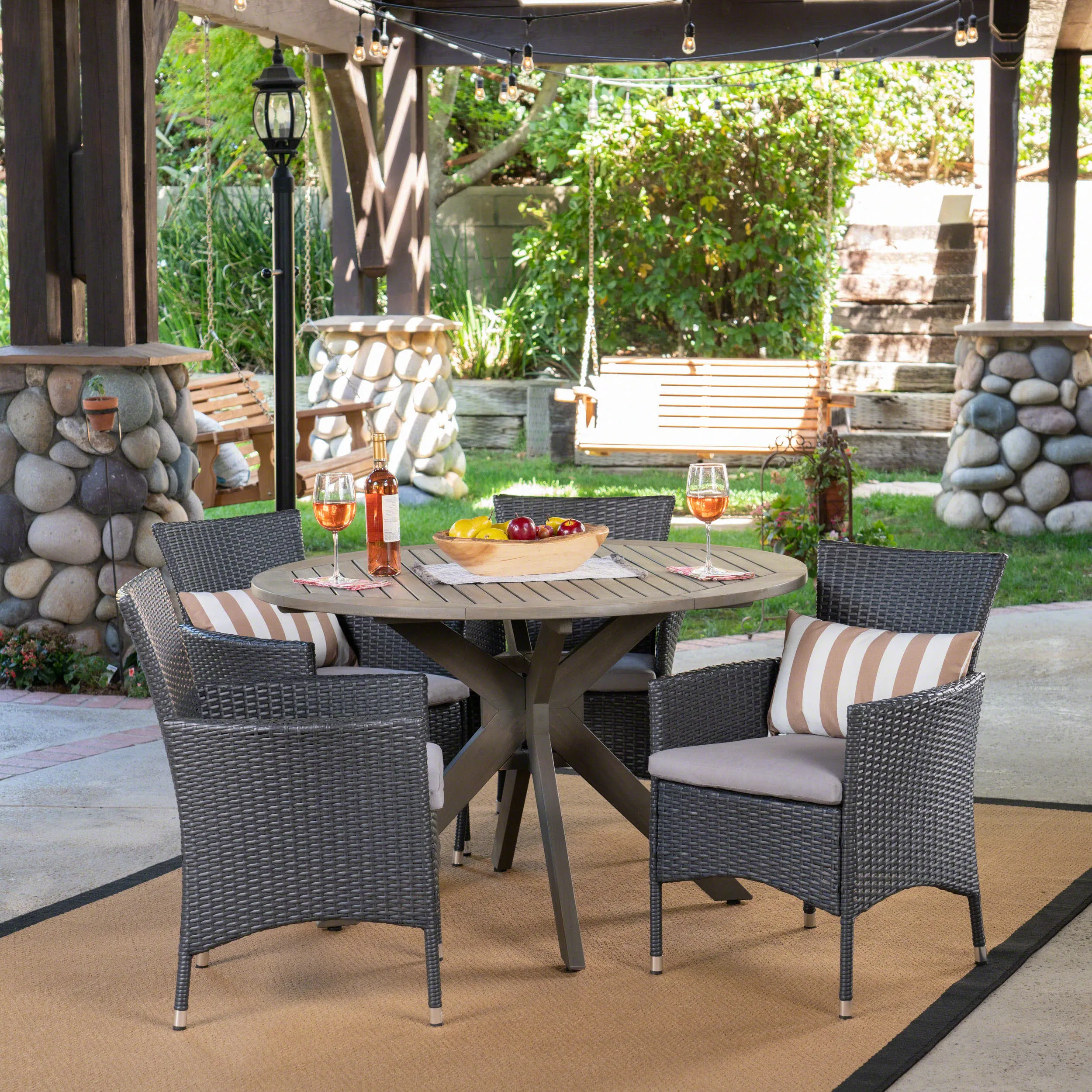 Outdoor 5 Piece Wood and Wicker Dining Set, Gray and Gray - NH901503 patio chairs, outdoor seating